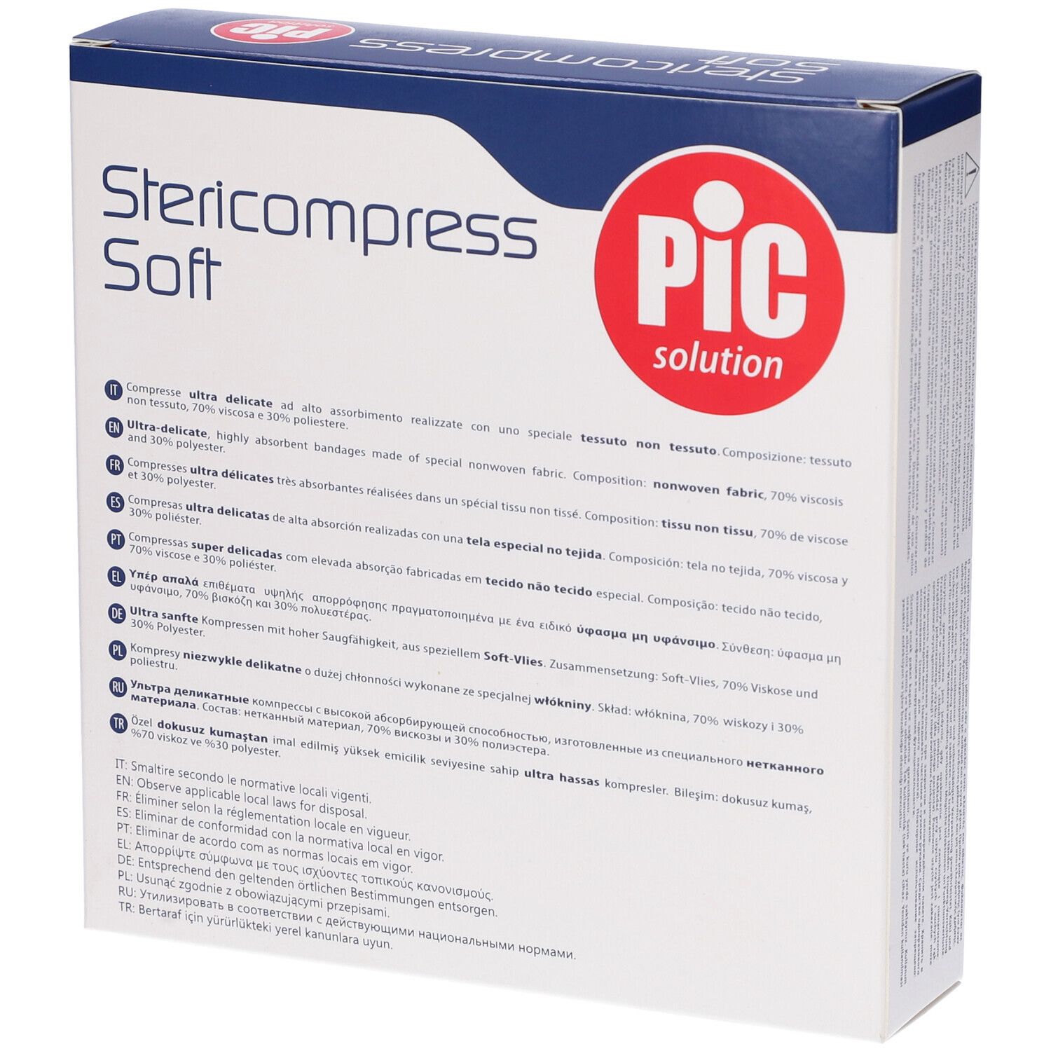Retro della confezione Stericompress Soft. Marchio PIC. Scatola blu e bianca con informazioni e testo.