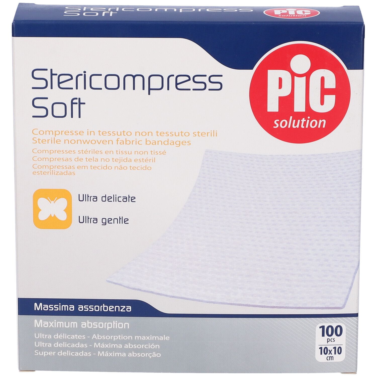 Confezione di Stericompress Soft. 100 pezzi, 10x10 cm. Marchio PIC. Compresse bianche raffigurate.