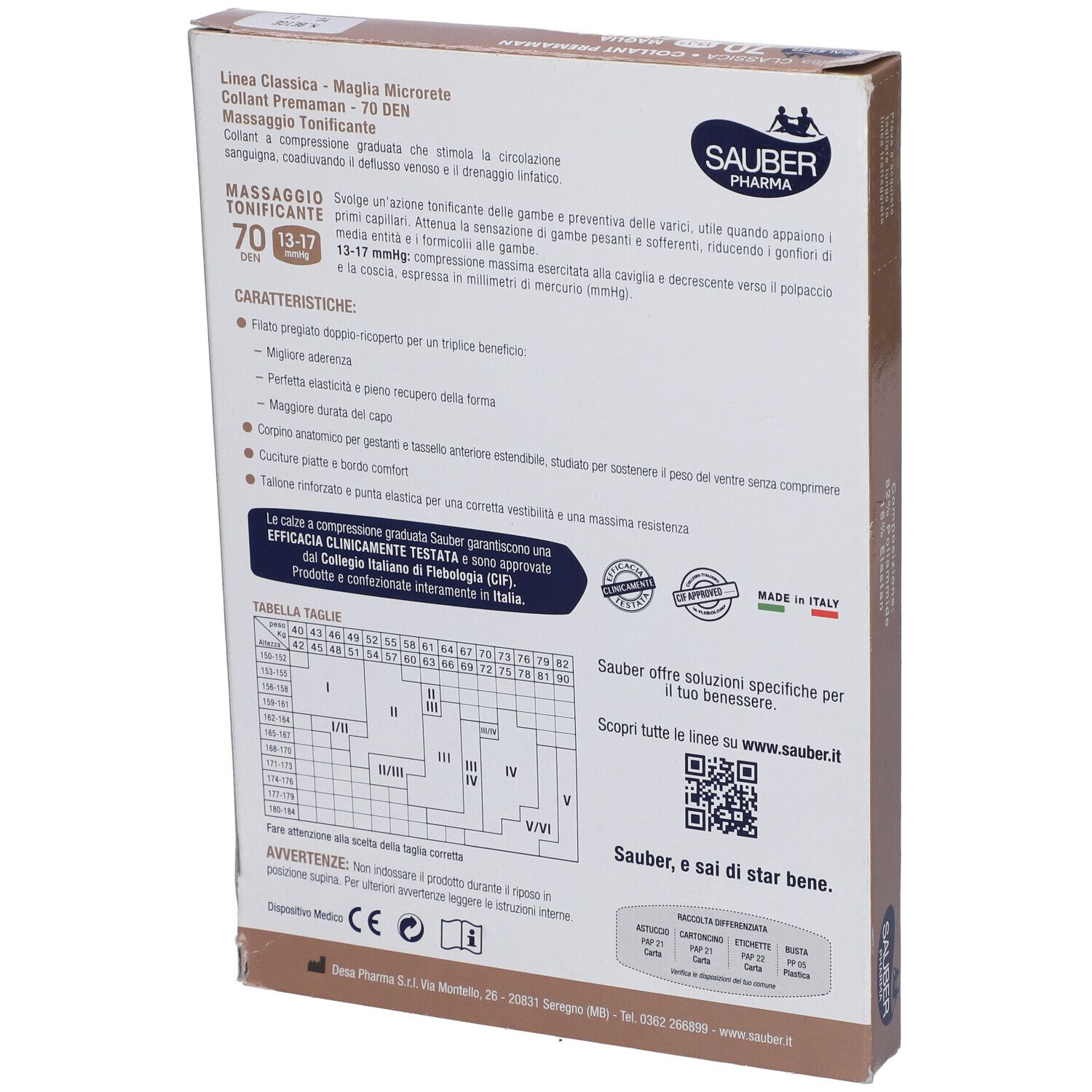 Retro confezione collant Sauber Classica Premaman. Informazioni prodotto, tabella taglie, QR code.