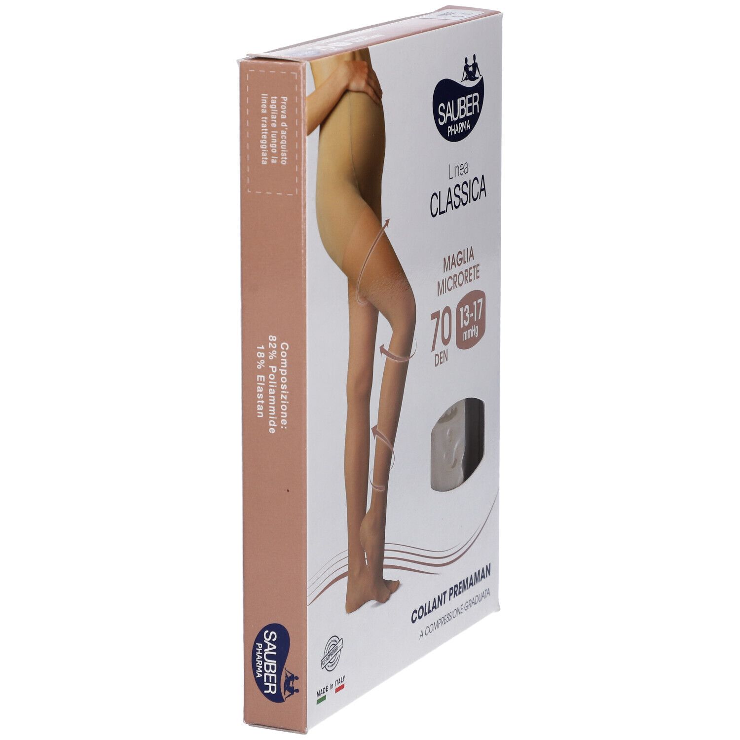 Verpackung mit Strumpfhose. Beige Strumpfhose, 70 Den, für Schwangere. Marke Sauber Pharma, Linie Classica.