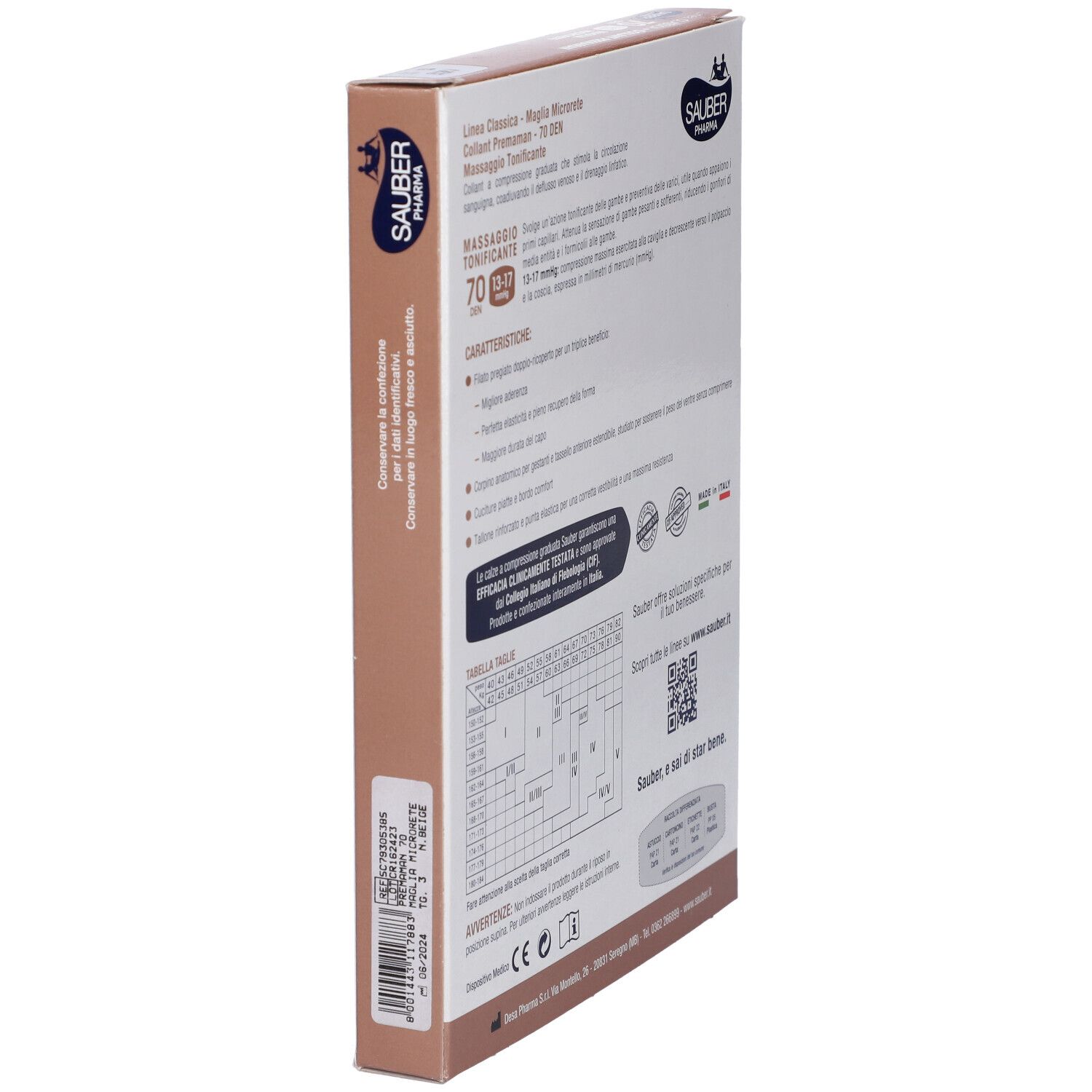 Verpackung mit Strumpfhose. Marke Sauber Pharma, Linie Classica. 70 Den. Collant Premaman. Made in Italy.