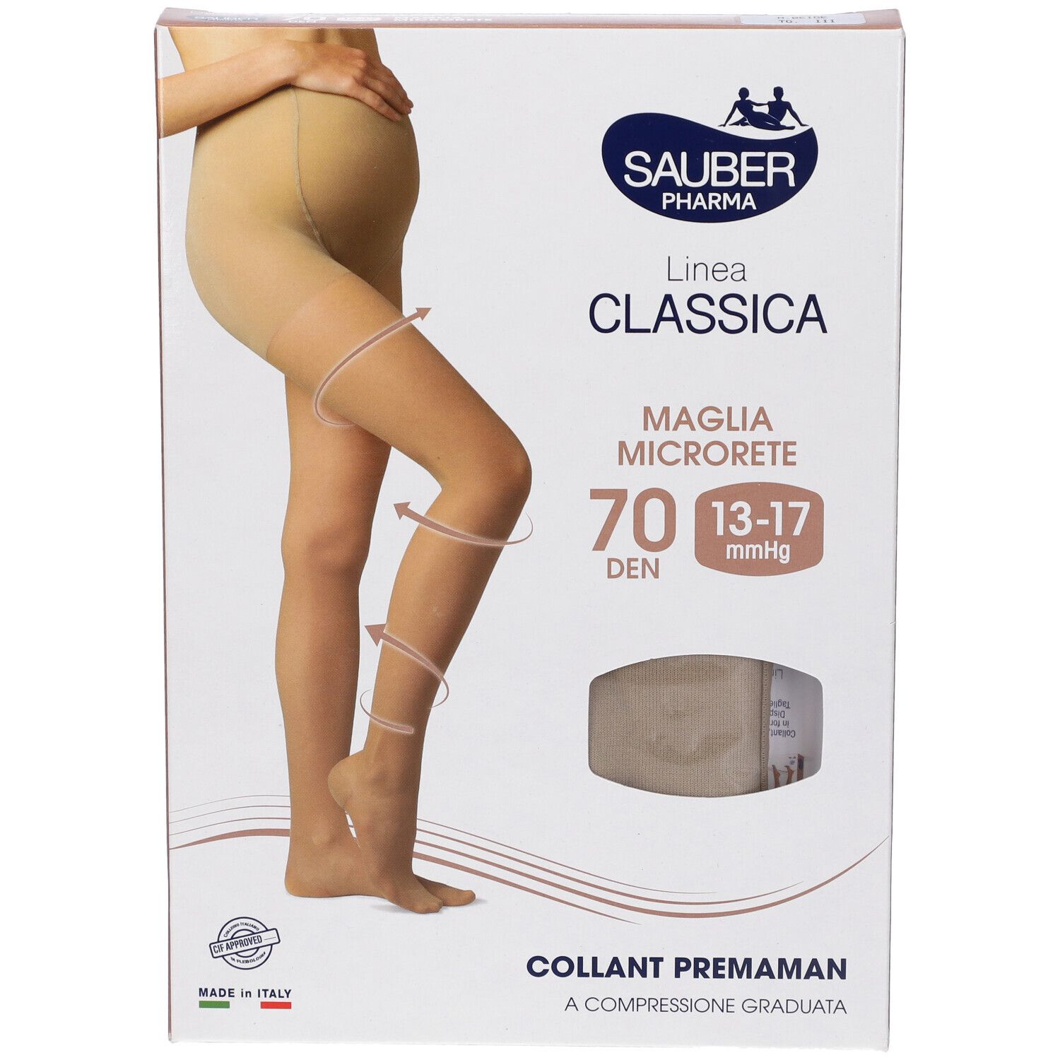 Verpackung mit Strumpfhose. Beige Strumpfhose, 70 Den, für Schwangere. Marke Sauber Pharma, Linie Classica.