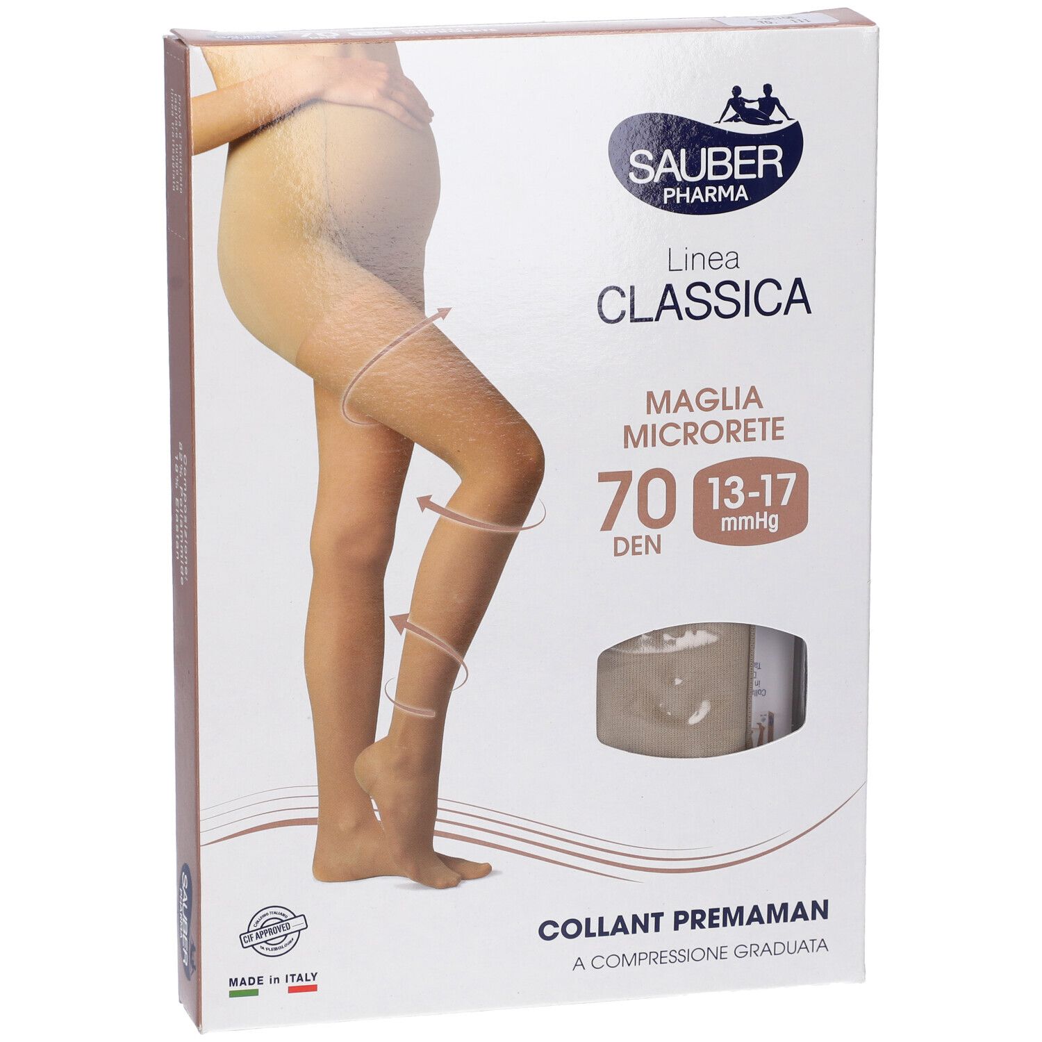 Verpackung mit Strumpfhose. Beige Strumpfhose, 70 Den, für Schwangere. Marke Sauber Pharma, Linie Classica.