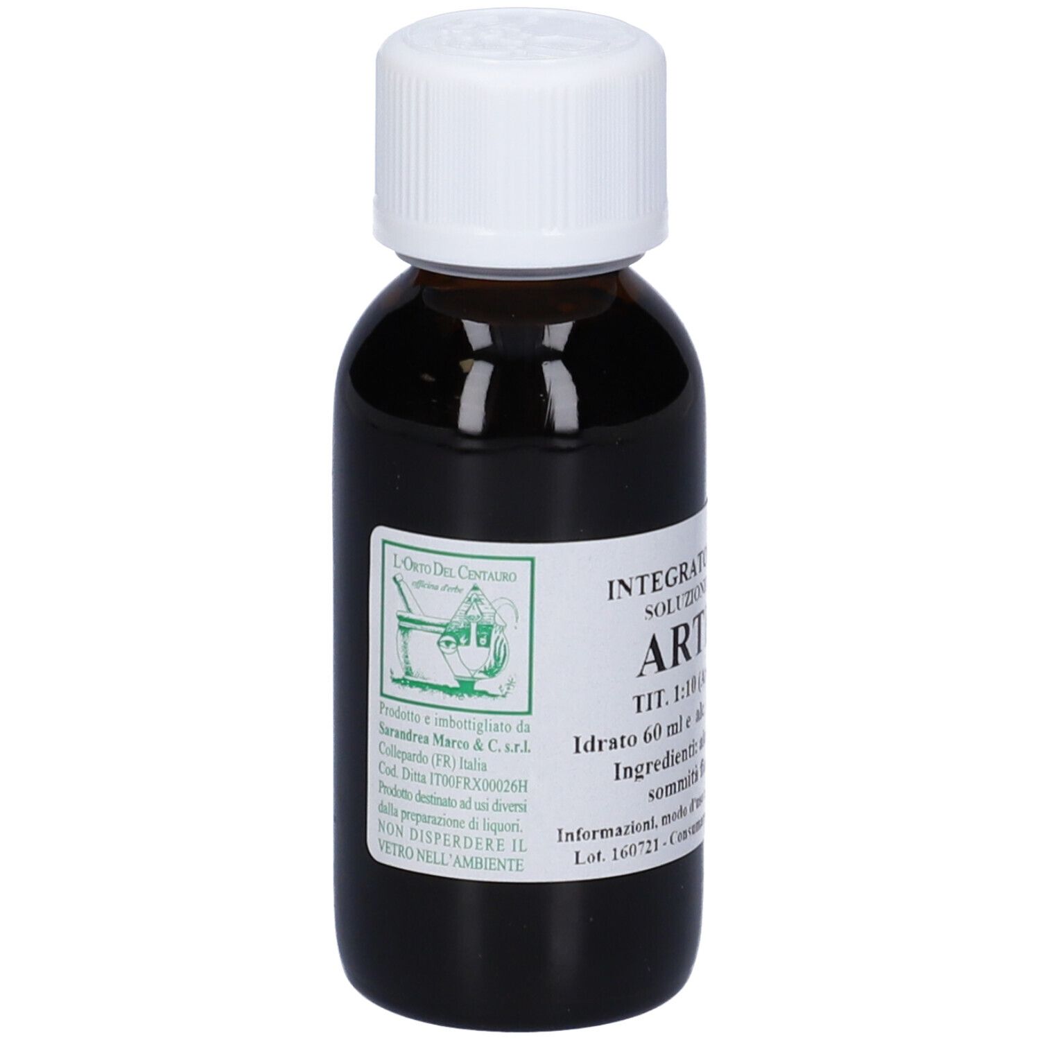 Flacone di vetro marrone con tappo bianco. Scritta: Artemisia, 60 ml, Tit. 1:10.