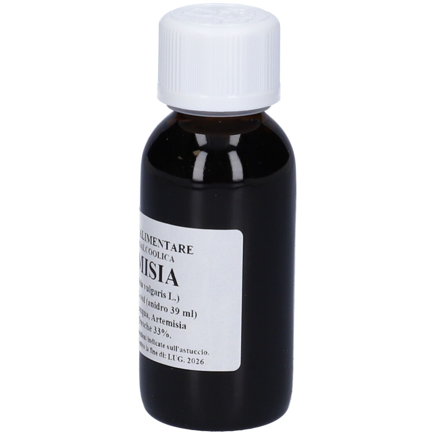 Flacone di vetro marrone con tappo bianco. Scritta: Artemisia, 60 ml, Tit. 1:10.