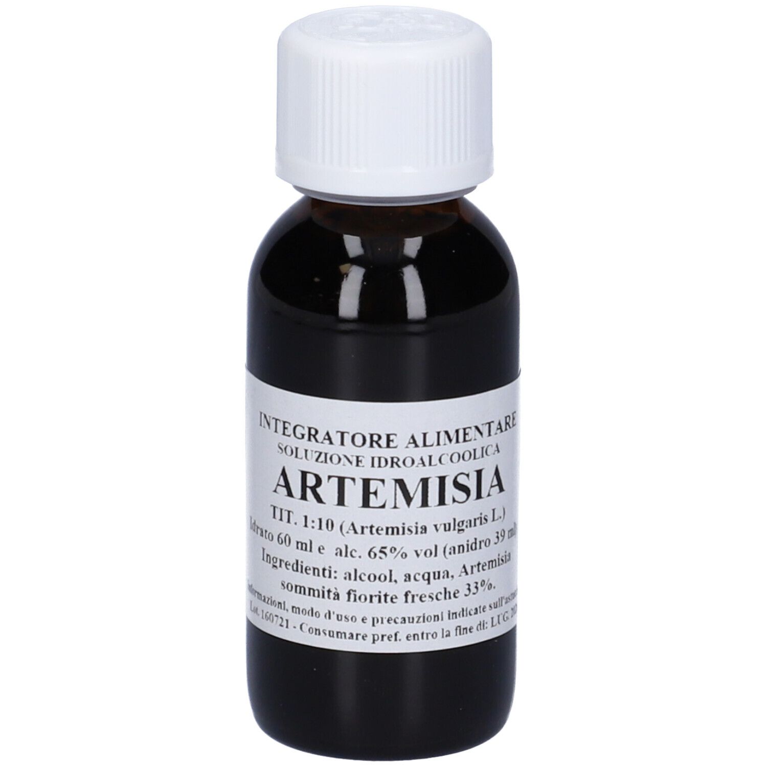 Flacone di vetro marrone con tappo bianco. Scritta: Artemisia, 60 ml, Tit. 1:10.