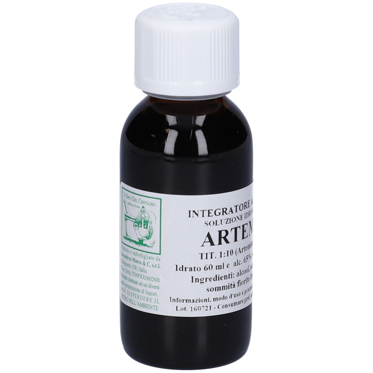 Flacone di vetro marrone con tappo bianco. Scritta: Artemisia, 60 ml, Tit. 1:10.