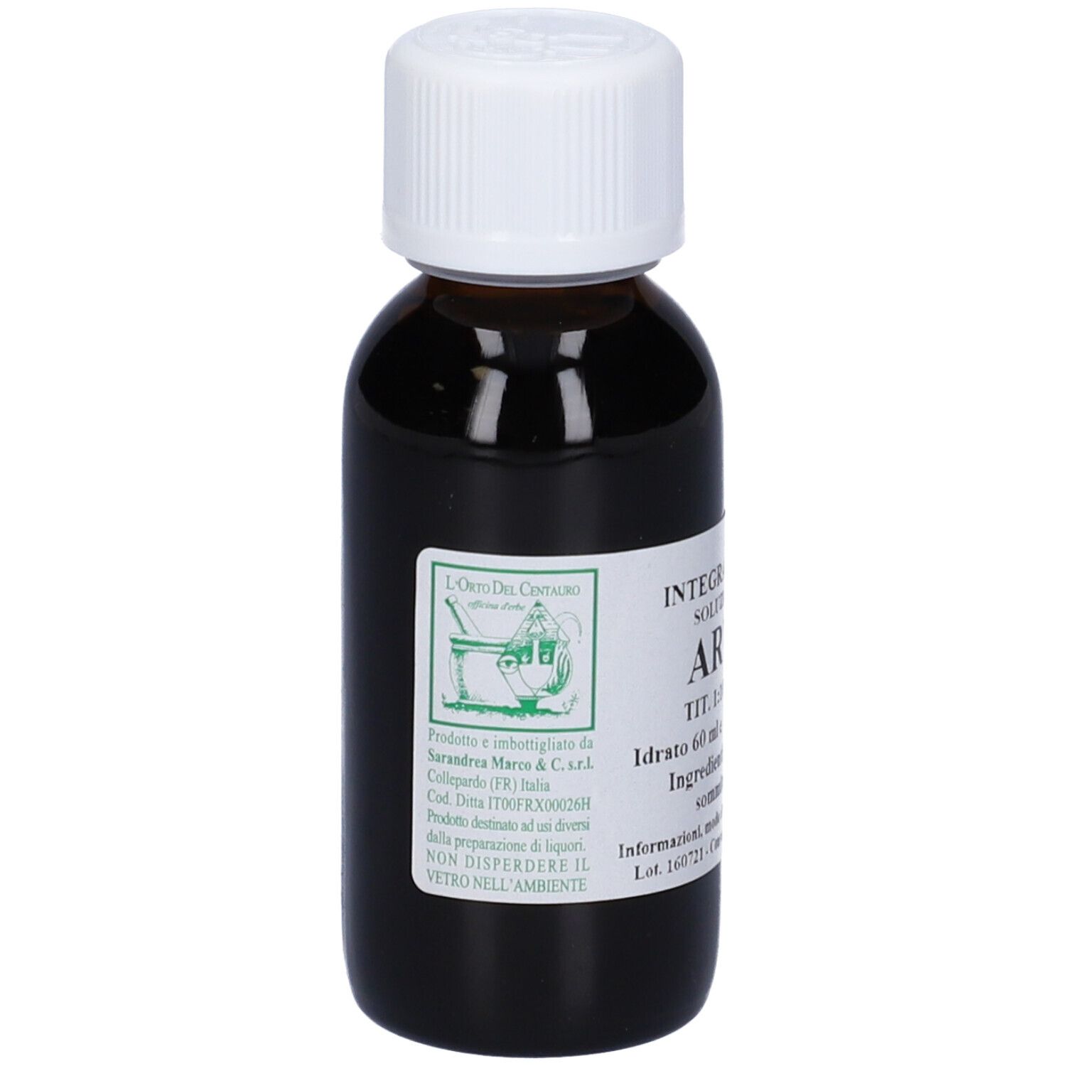 Flacone di vetro marrone con tappo bianco. Scritta: Artemisia, 60 ml, Tit. 1:10.