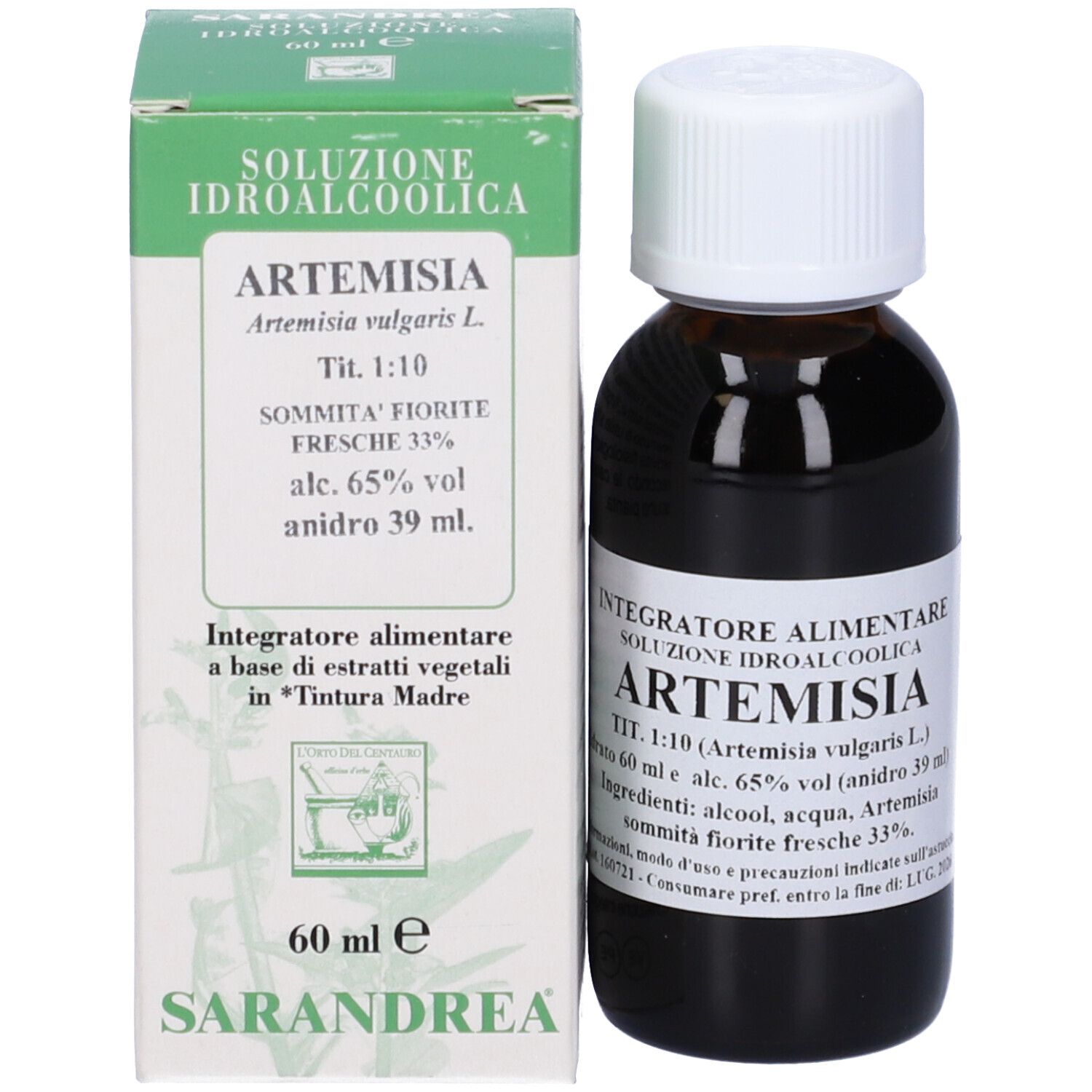 Flacone di vetro marrone con tappo bianco e scatola. Scritta: Artemisia, 60 ml, Sarandrea.