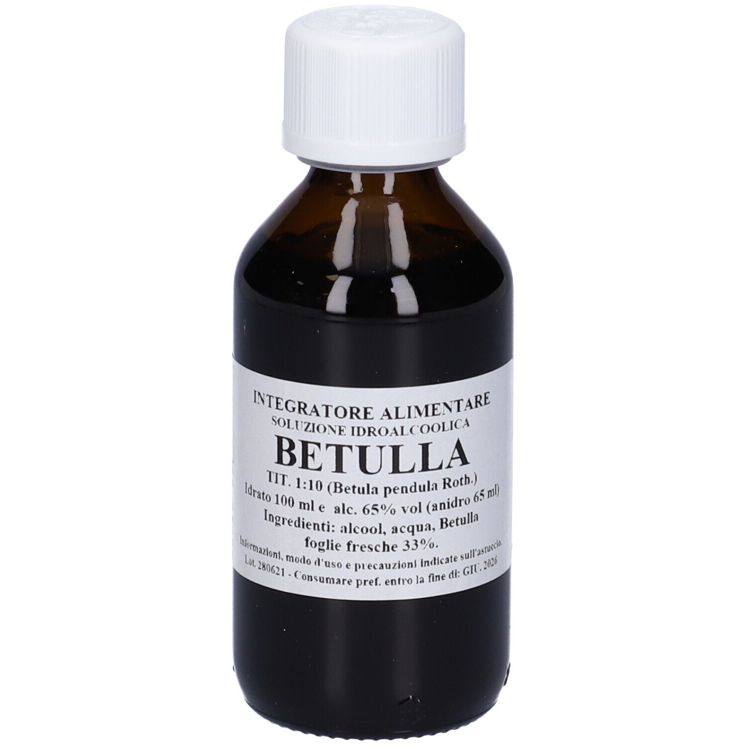 Flacone di vetro marrone con tappo bianco ed etichetta. Scritta: Betulla, Tit. 1:10, Idroalcoolica.