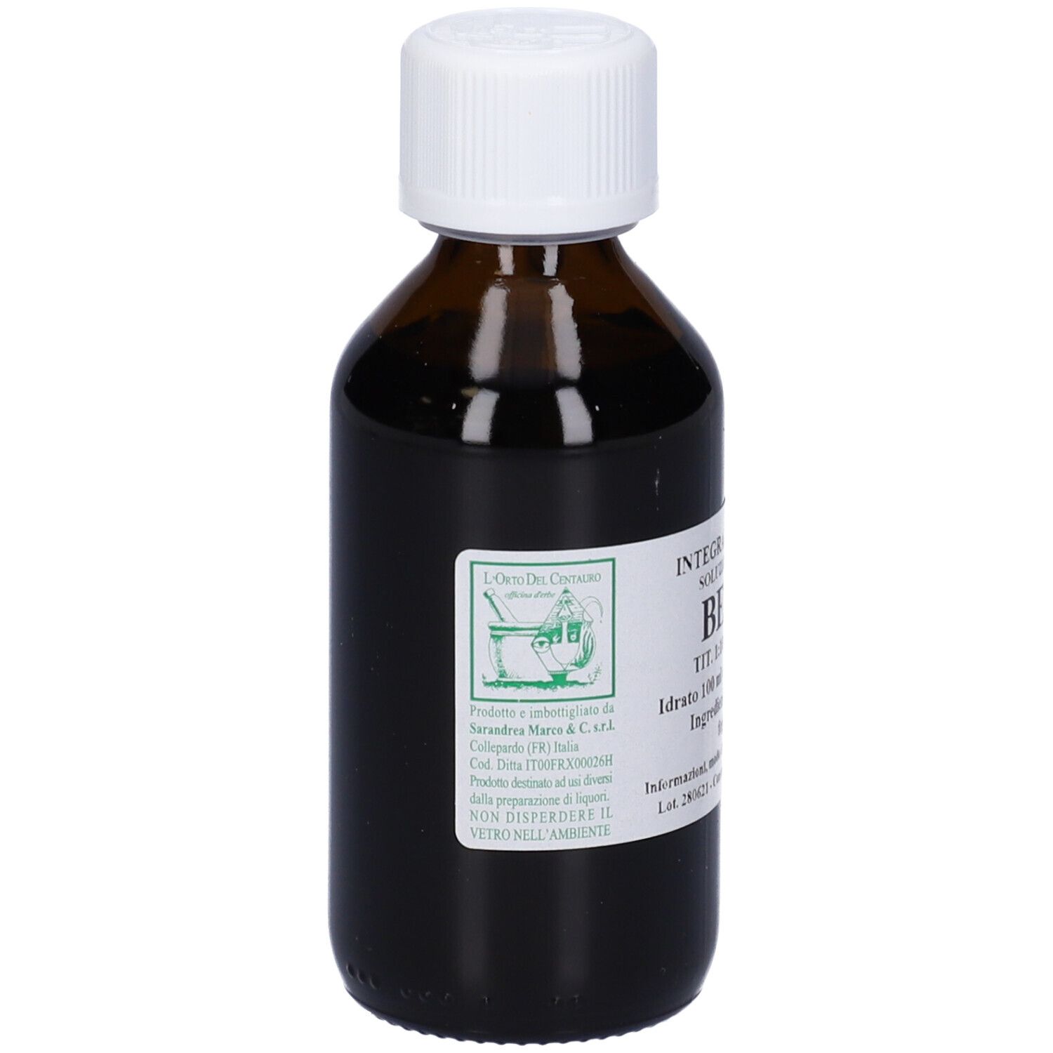 Flacone di vetro marrone con tappo bianco ed etichetta. Scritta: Betulla, Tit. 1:10, Idroalcoolica.