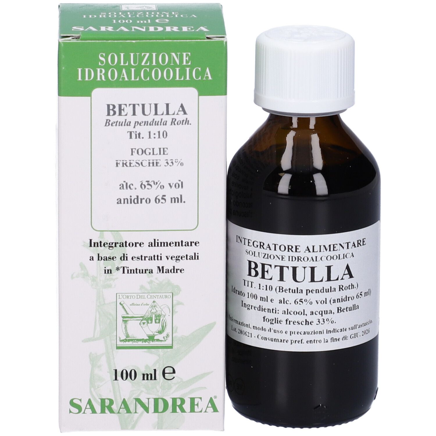 Flacone di vetro marrone con tappo bianco ed etichetta, accanto a una scatola verde. Scritta: Betulla, 100 ml.