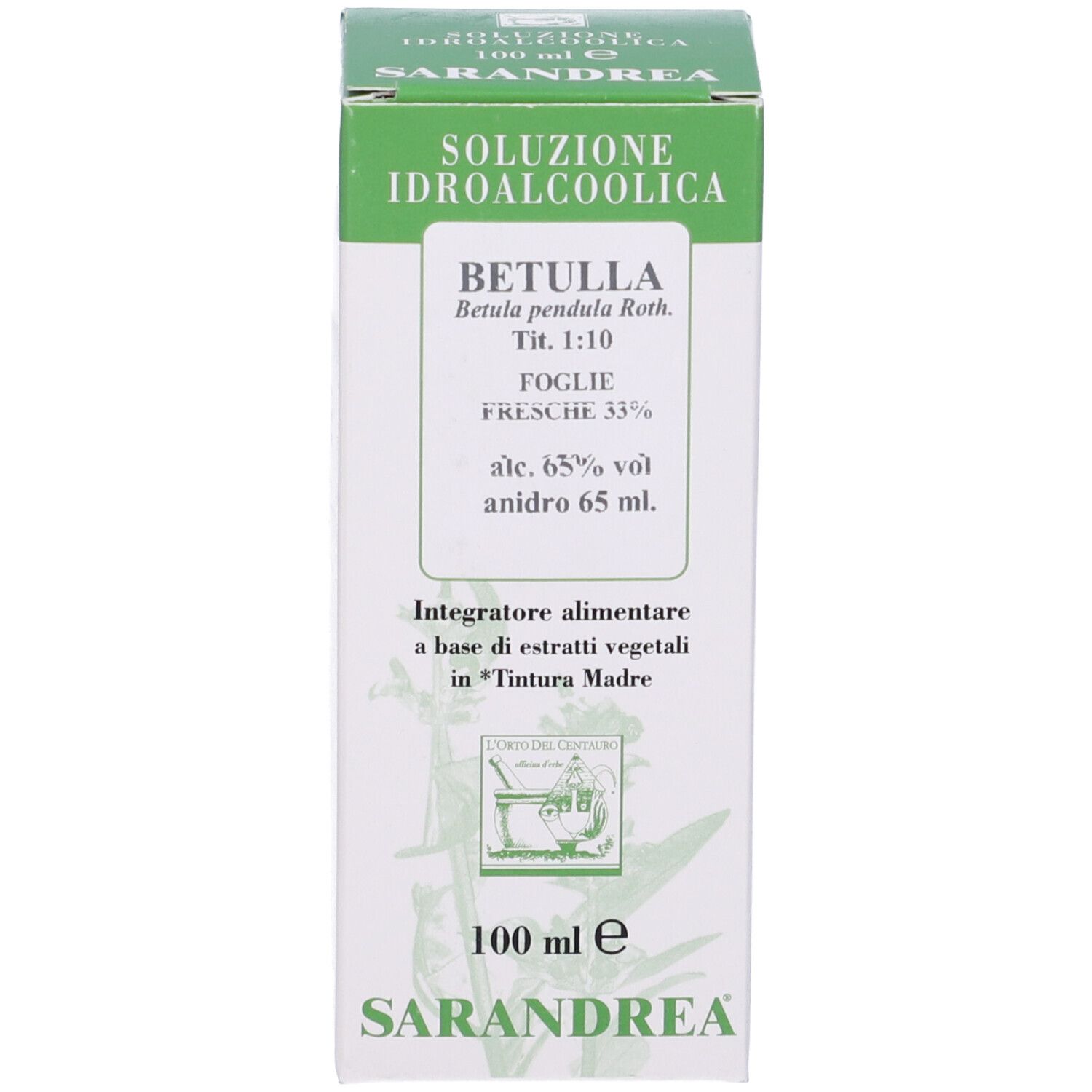 Scatola verde con scritta: Betulla, 100 ml. Contiene informazioni sul prodotto e il logo.