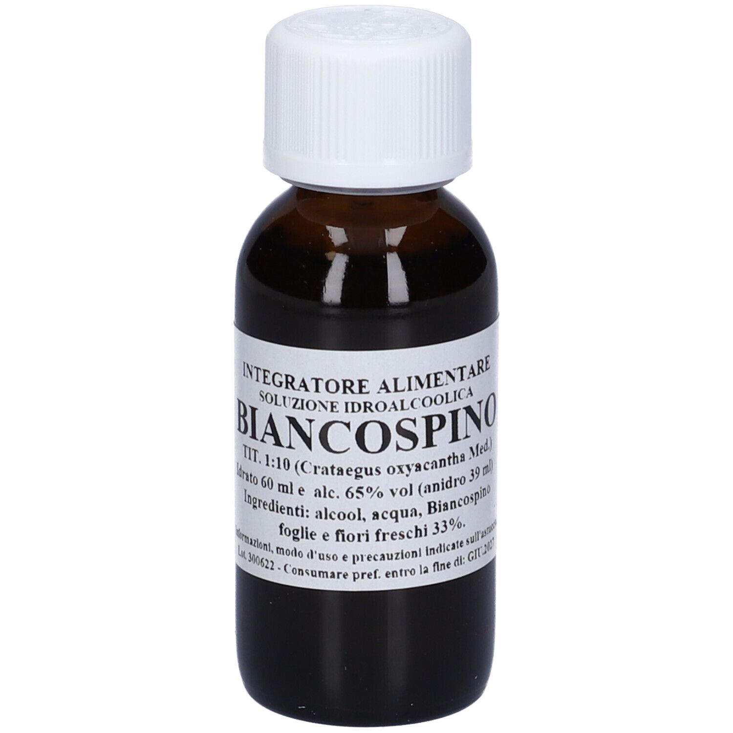 Flacone di vetro marrone con tappo bianco. L'etichetta riporta 'Biancospino'.