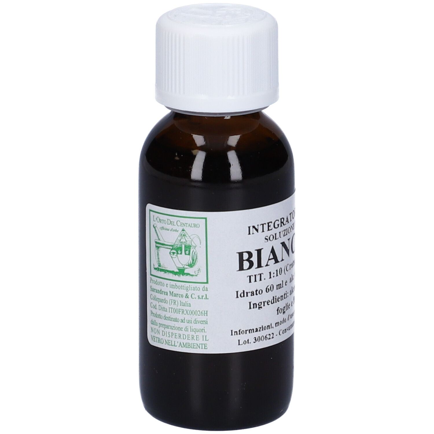 Flacone di vetro marrone con tappo bianco. L'etichetta riporta 'Biancospino'.