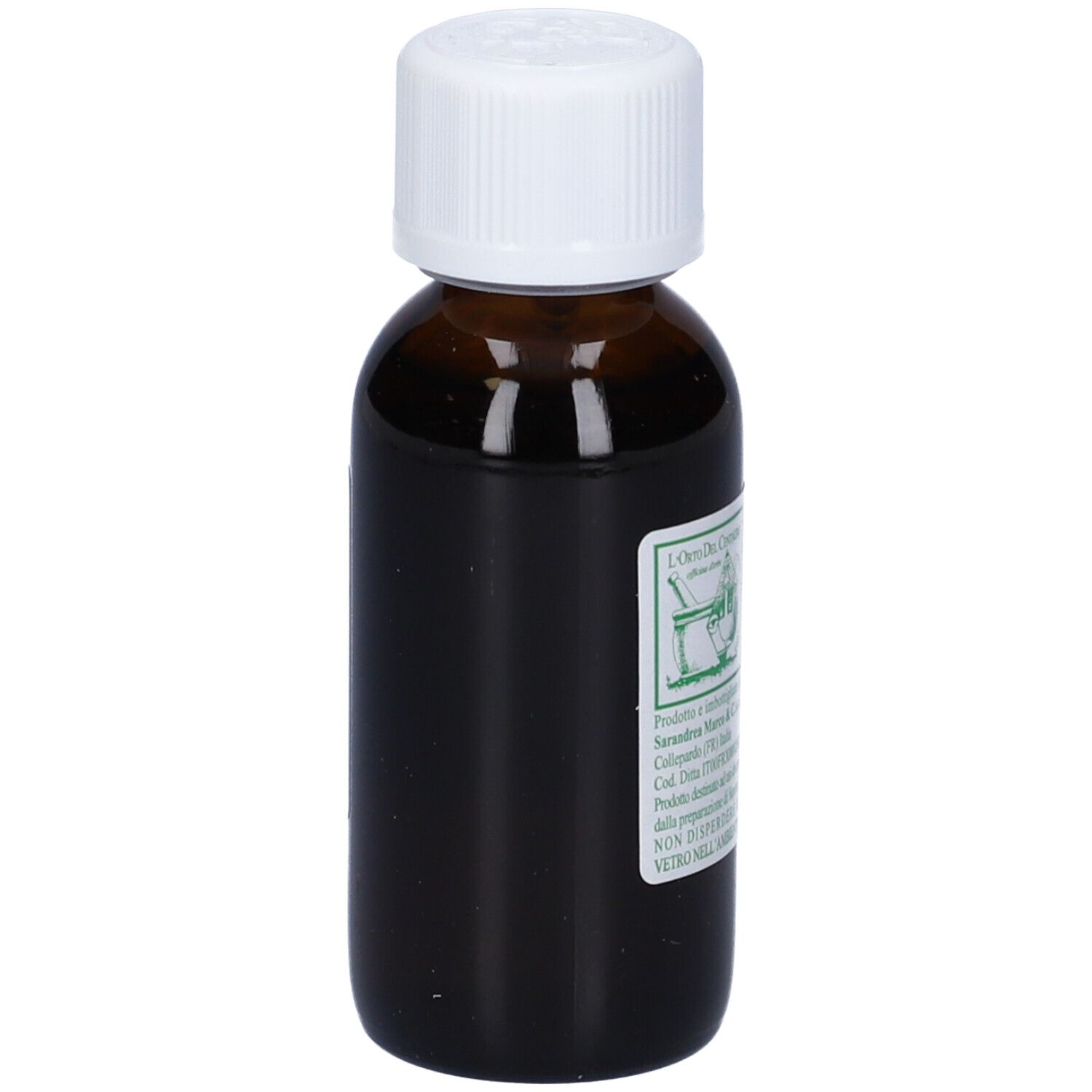 Flacone di vetro marrone con tappo bianco. L'etichetta riporta 'Biancospino'.