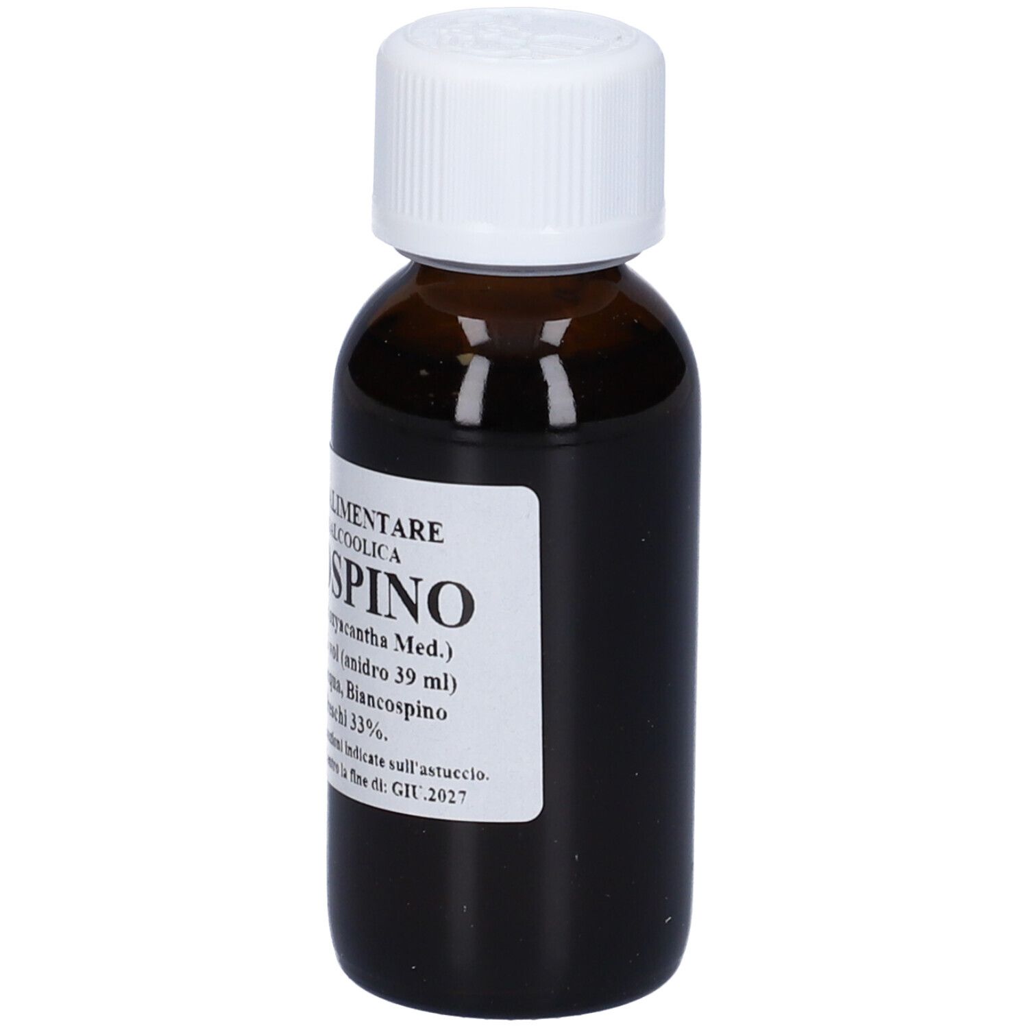 Flacone di vetro marrone con tappo bianco. L'etichetta riporta 'Biancospino'.