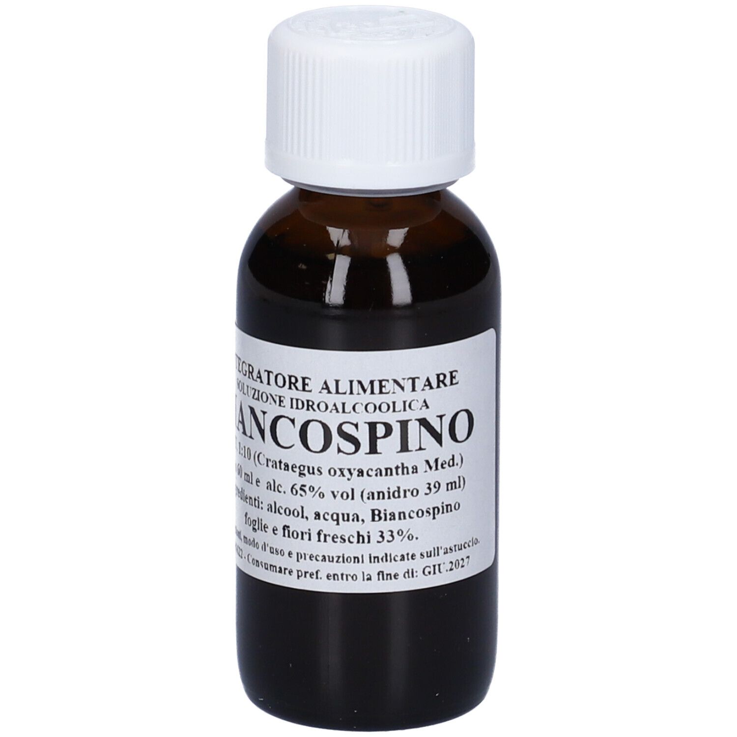 Flacone di vetro marrone con tappo bianco. L'etichetta riporta 'Biancospino'.