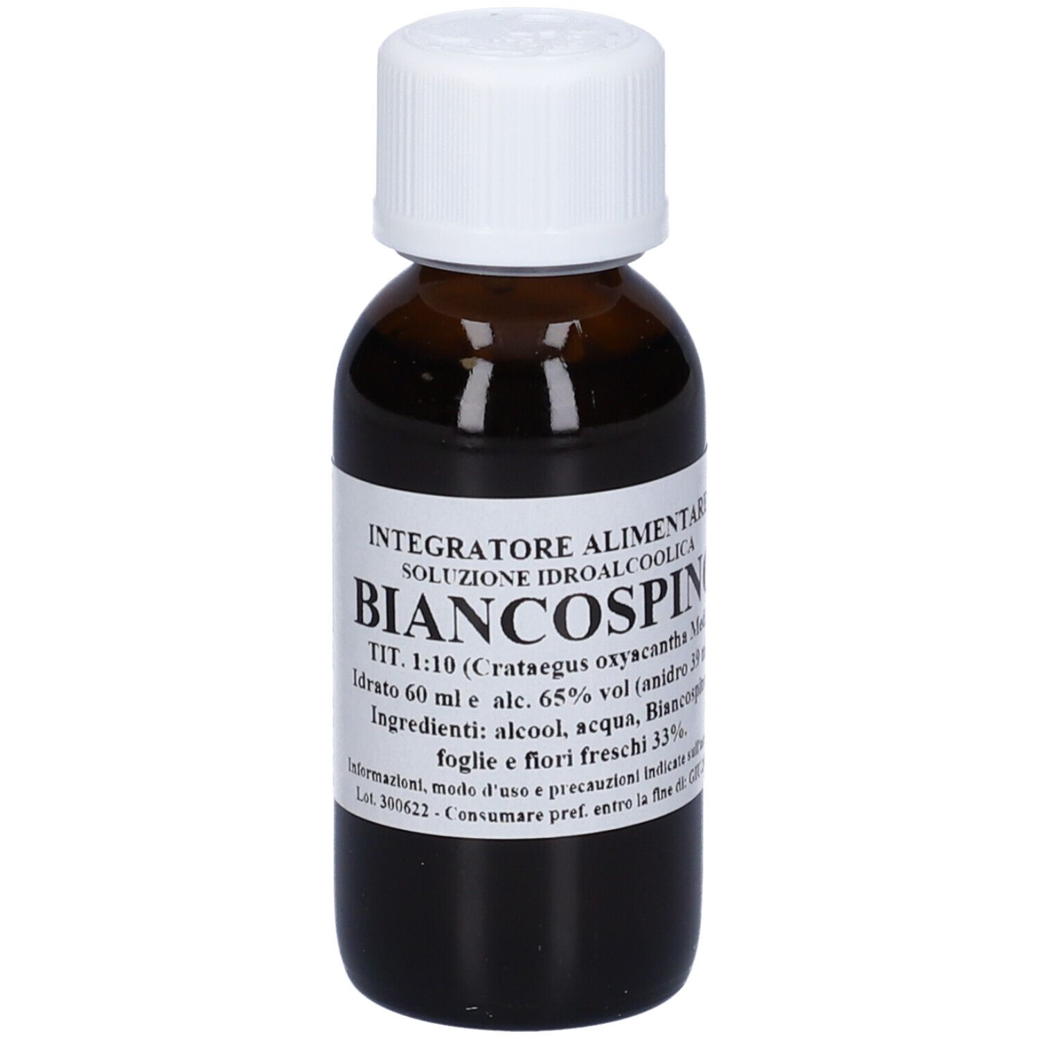 Flacone di vetro marrone con tappo bianco. L'etichetta riporta 'Biancospino'.
