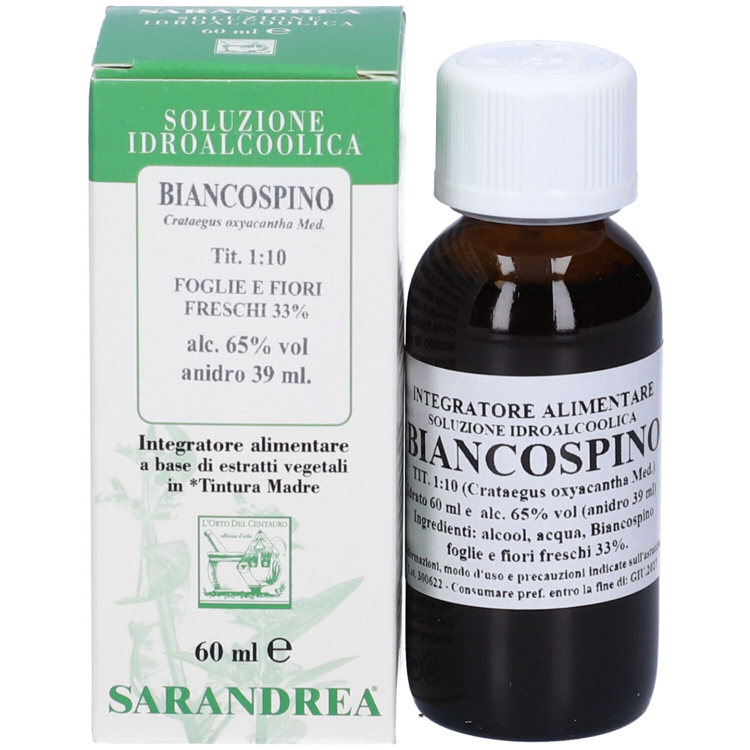 Flacone di vetro marrone con tappo bianco e scatola verde e bianca. L'etichetta riporta 'Biancospino'.