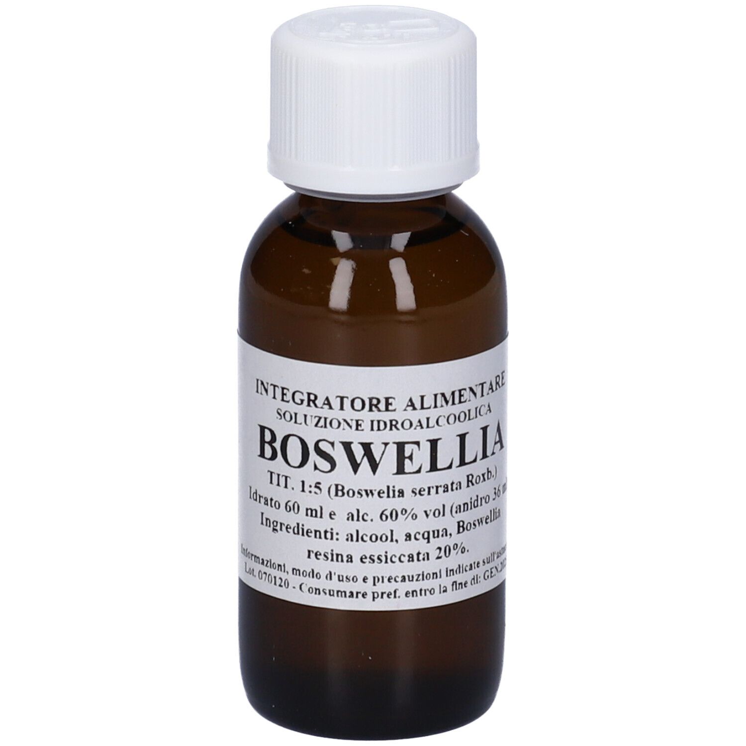 Flacone di vetro marrone con tappo bianco. Etichetta con testo in italiano. Nome prodotto: Boswellia.