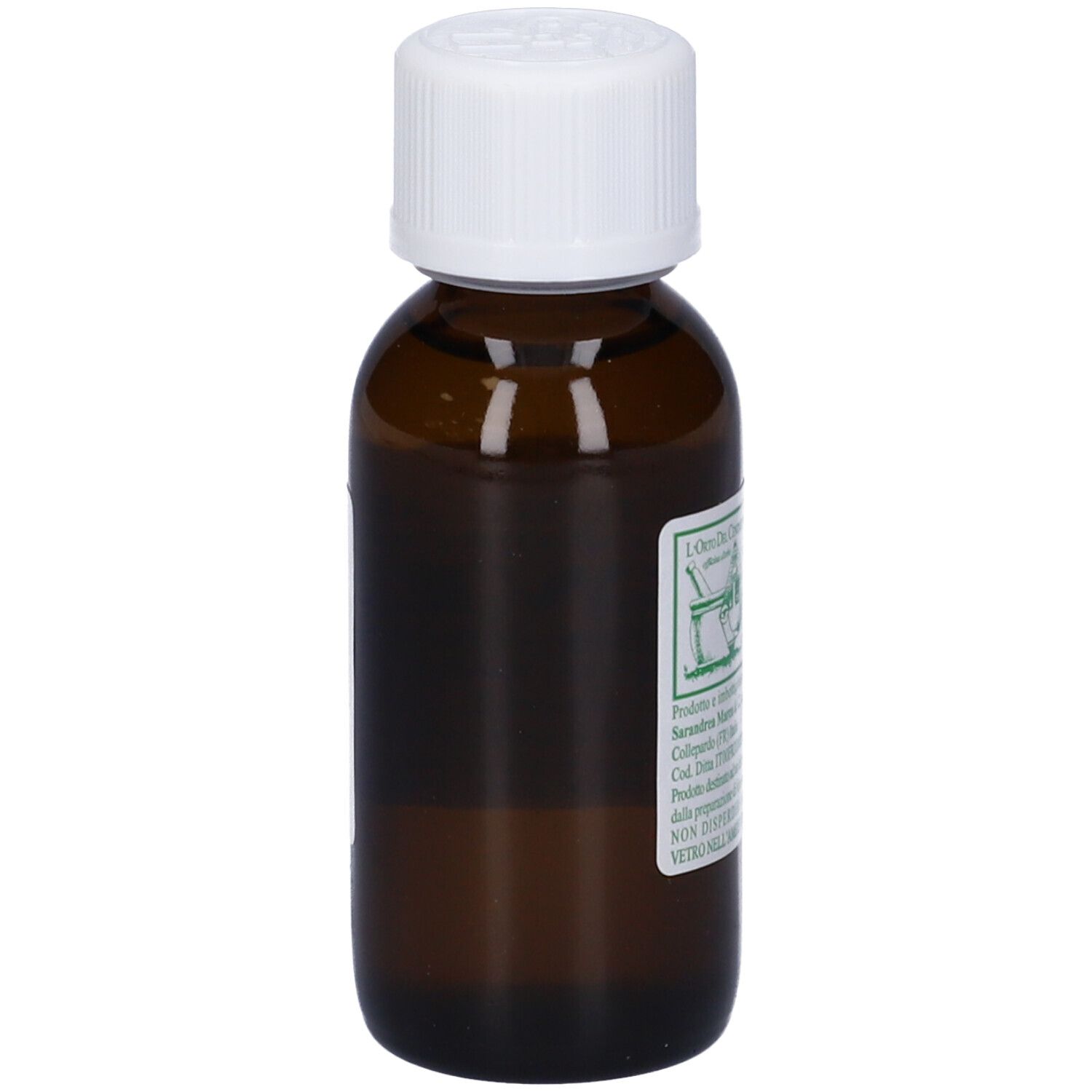 Flacone di vetro marrone con tappo bianco. Etichetta con testo in italiano. Nome prodotto: Boswellia.