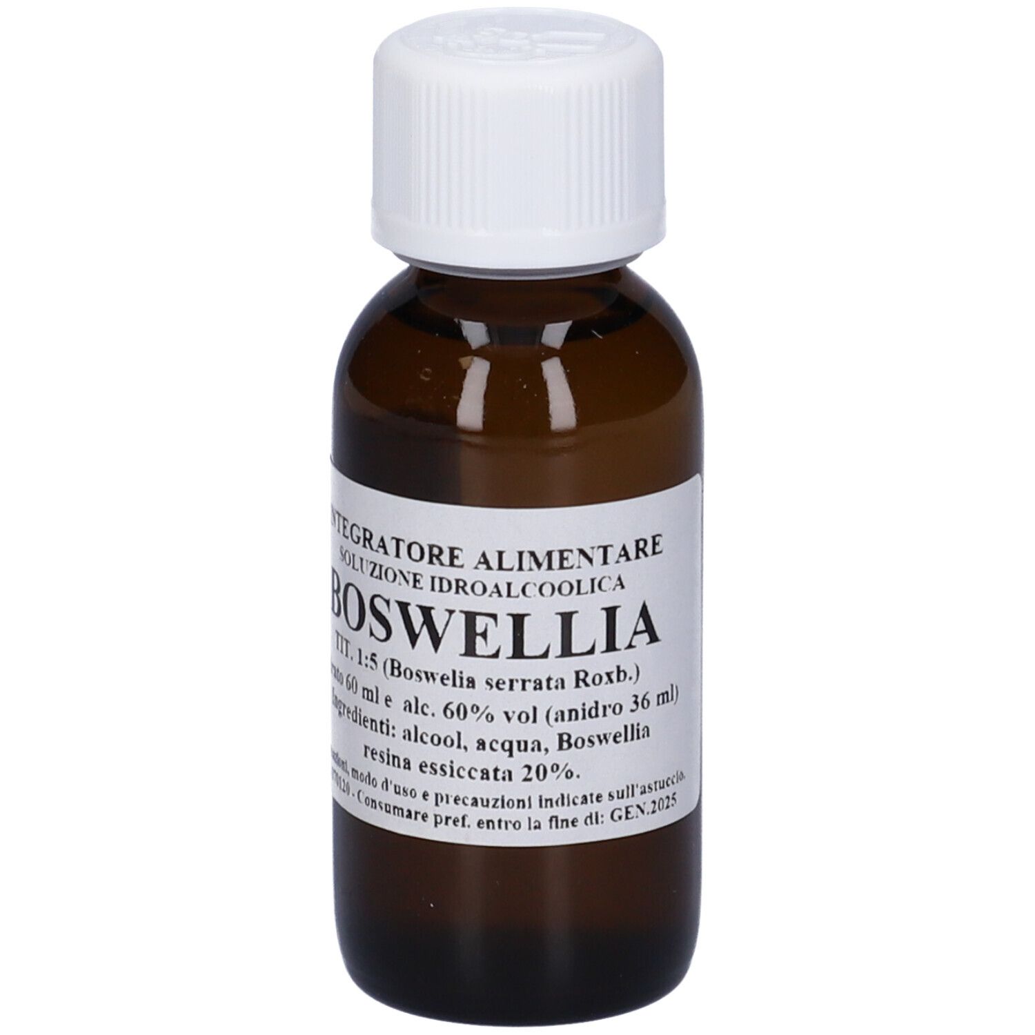 Flacone di vetro marrone con tappo bianco. Etichetta con testo in italiano. Nome prodotto: Boswellia.
