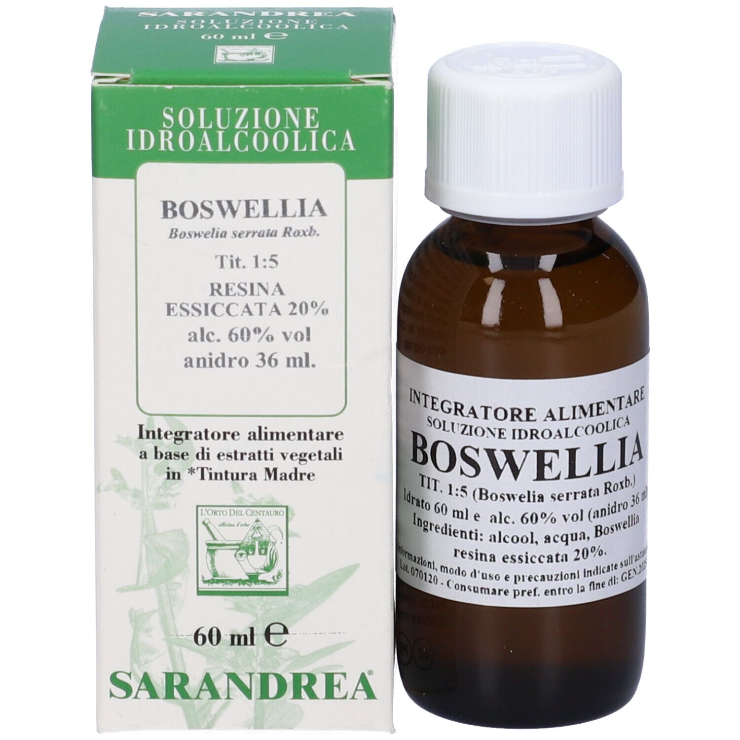 Flacone di vetro marrone con tappo bianco e scatola verde. Nome prodotto: Boswellia. Testo in italiano.