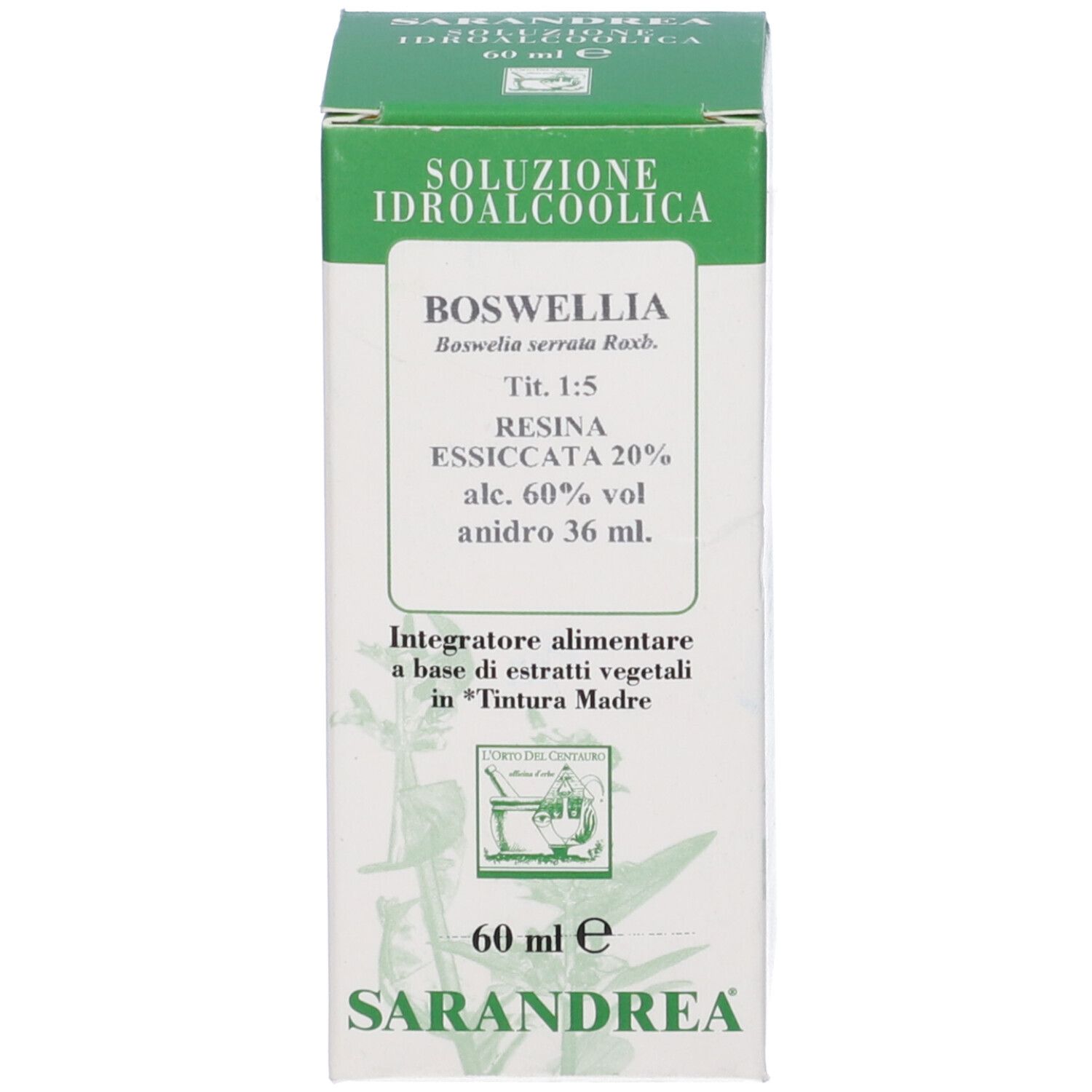 Scatola verde con testo in italiano. Nome prodotto: Boswellia. Flacone di vetro marrone con tappo bianco.