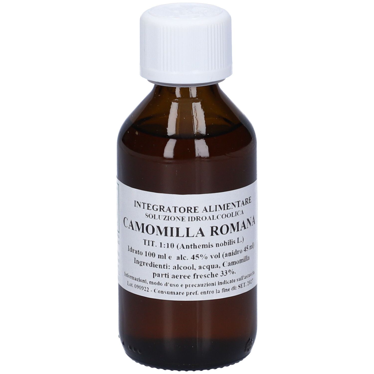 Flacone di vetro marrone con tappo bianco. Etichetta con testo: Camomilla Romana, 100 ml.