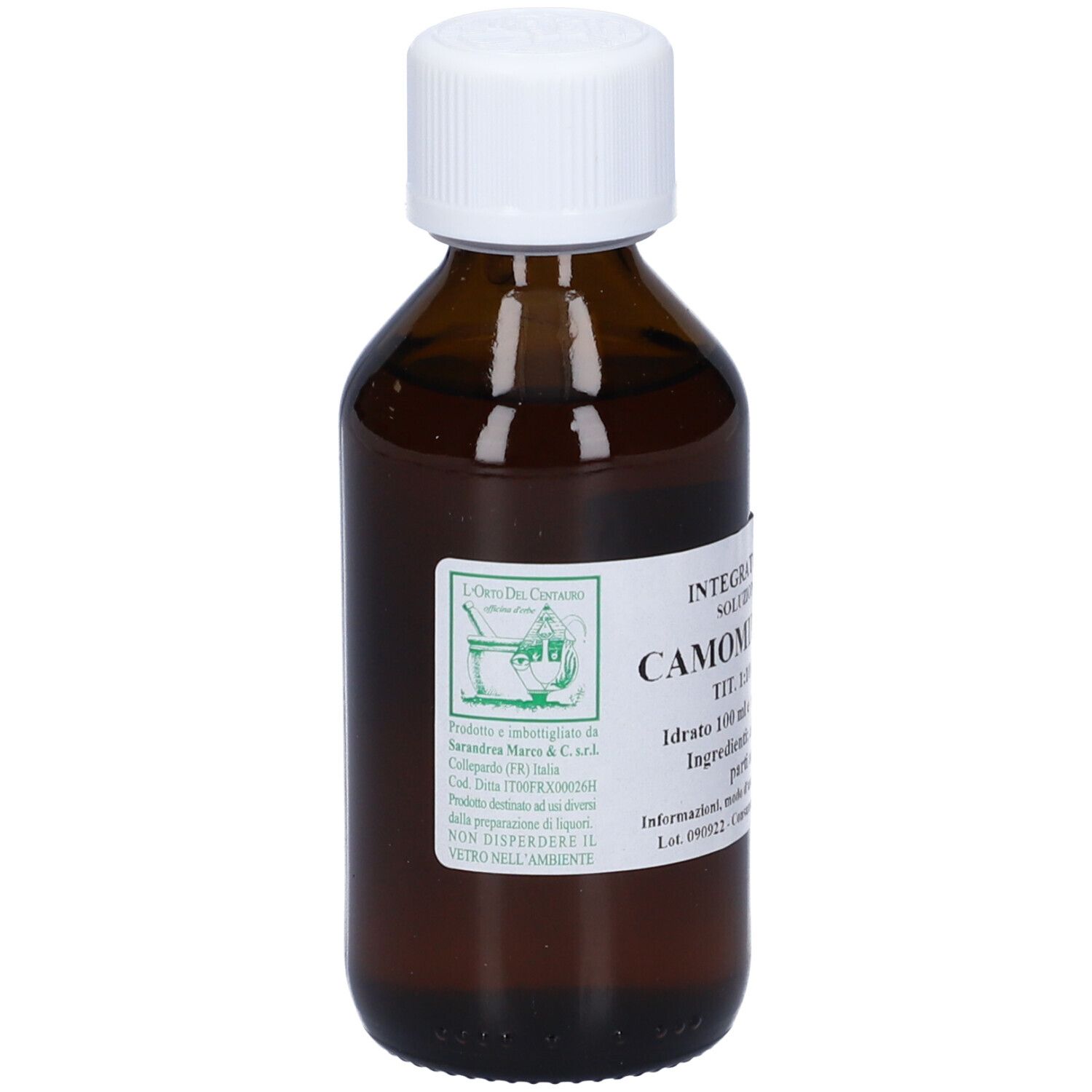 Flacone di vetro marrone con tappo bianco. Etichetta con testo: Camomilla Romana, 100 ml.