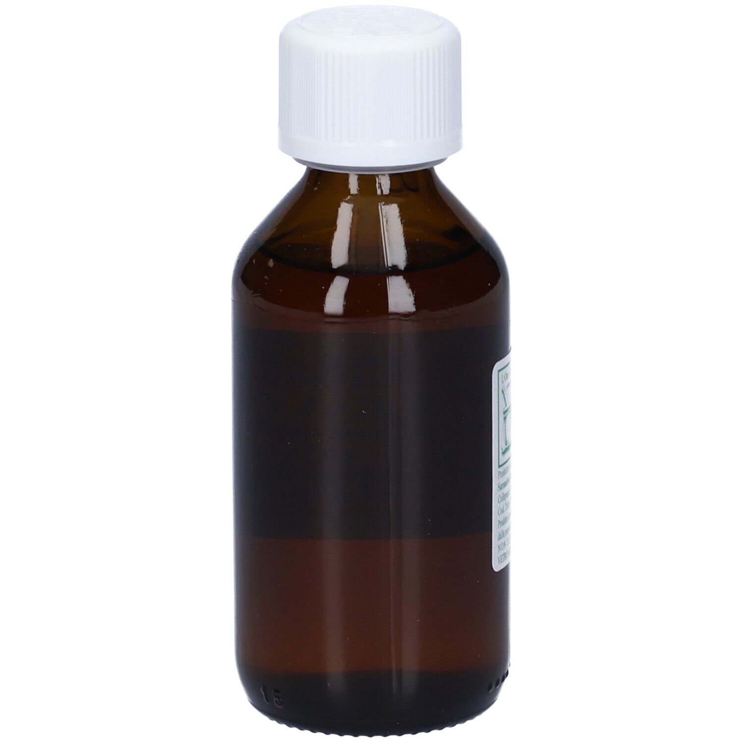 Flacone di vetro marrone con tappo bianco. Etichetta con testo: Camomilla Romana, 100 ml.