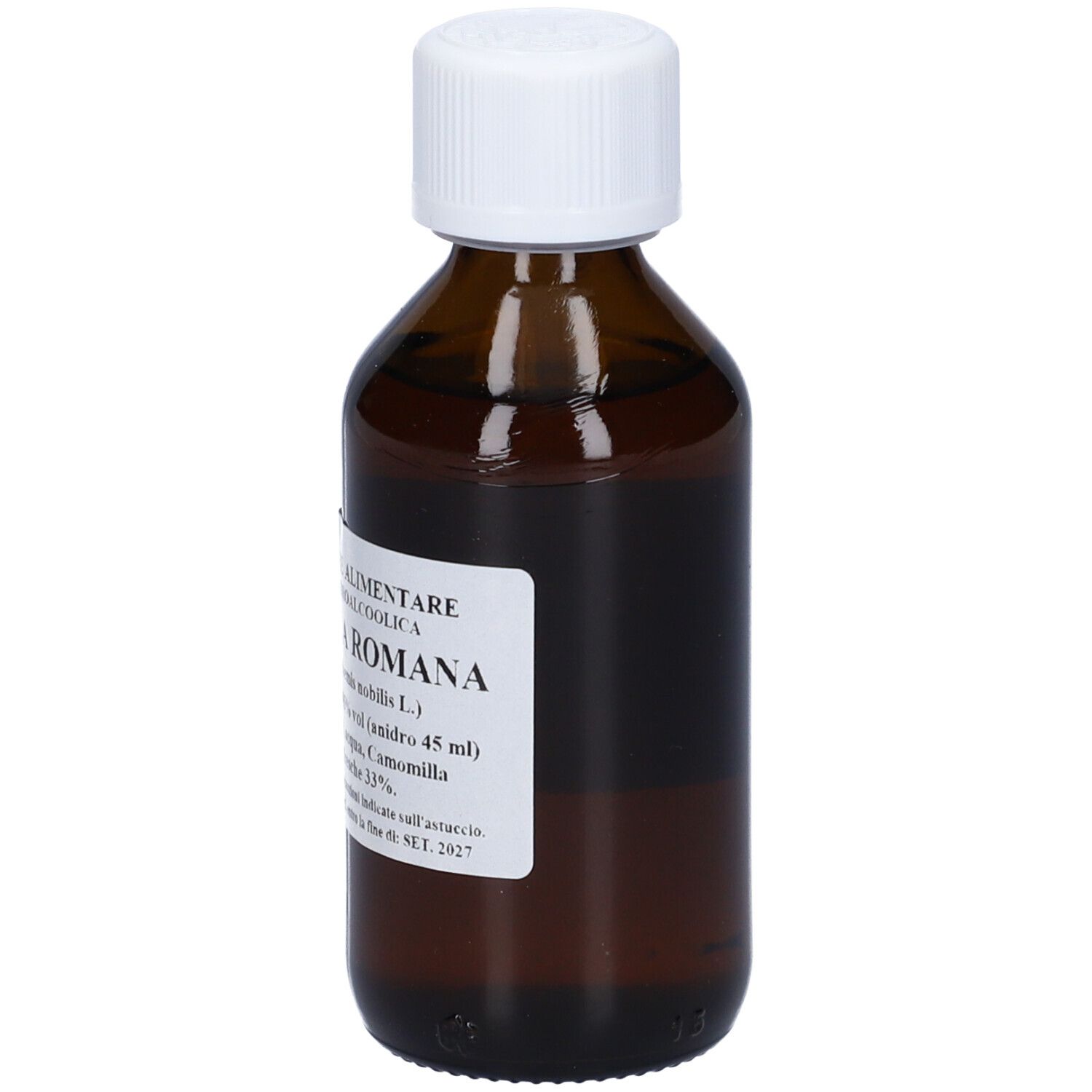 Flacone di vetro marrone con tappo bianco. Etichetta con testo: Camomilla Romana, 100 ml.