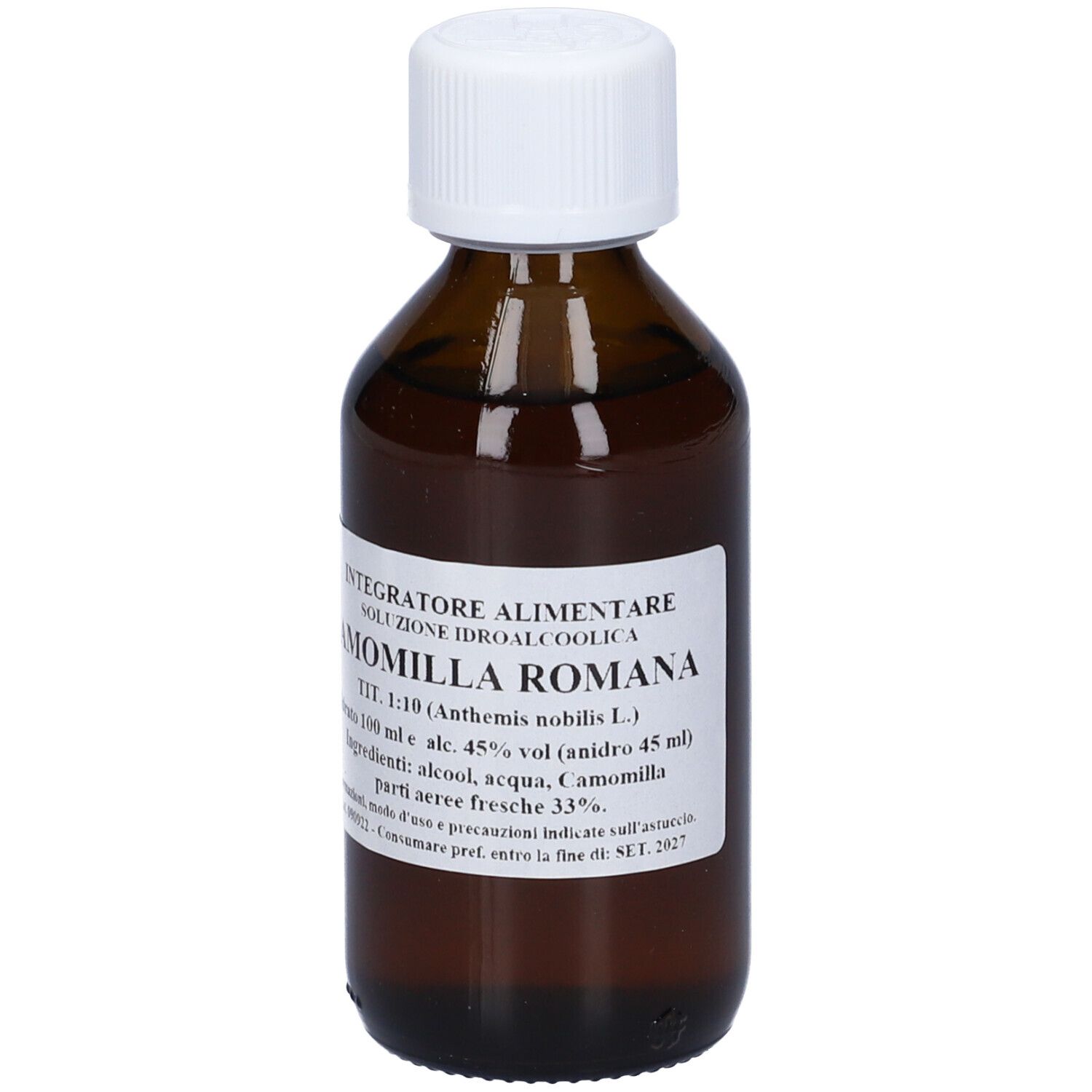 Flacone di vetro marrone con tappo bianco. Etichetta con testo: Camomilla Romana, 100 ml.