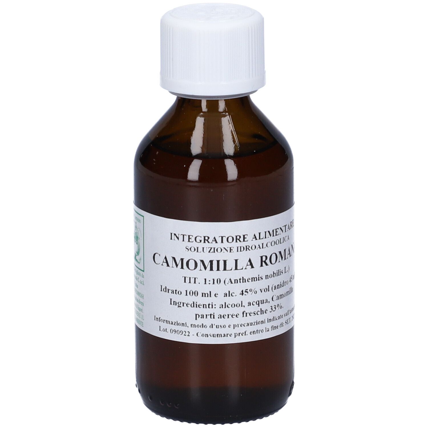 Flacone di vetro marrone con tappo bianco. Etichetta con testo: Camomilla Romana, 100 ml.