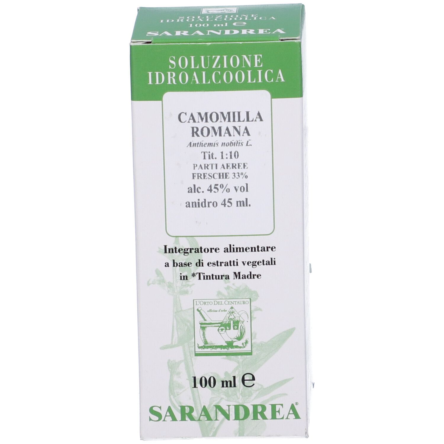 Confezione verde con testo: Camomilla Romana, 100 ml. Logo e informazioni sul prodotto.