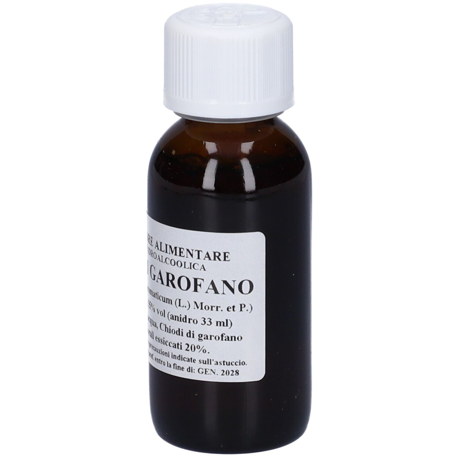 Flacone di vetro marrone con tappo bianco. Etichetta con testo: "GAROFANO".