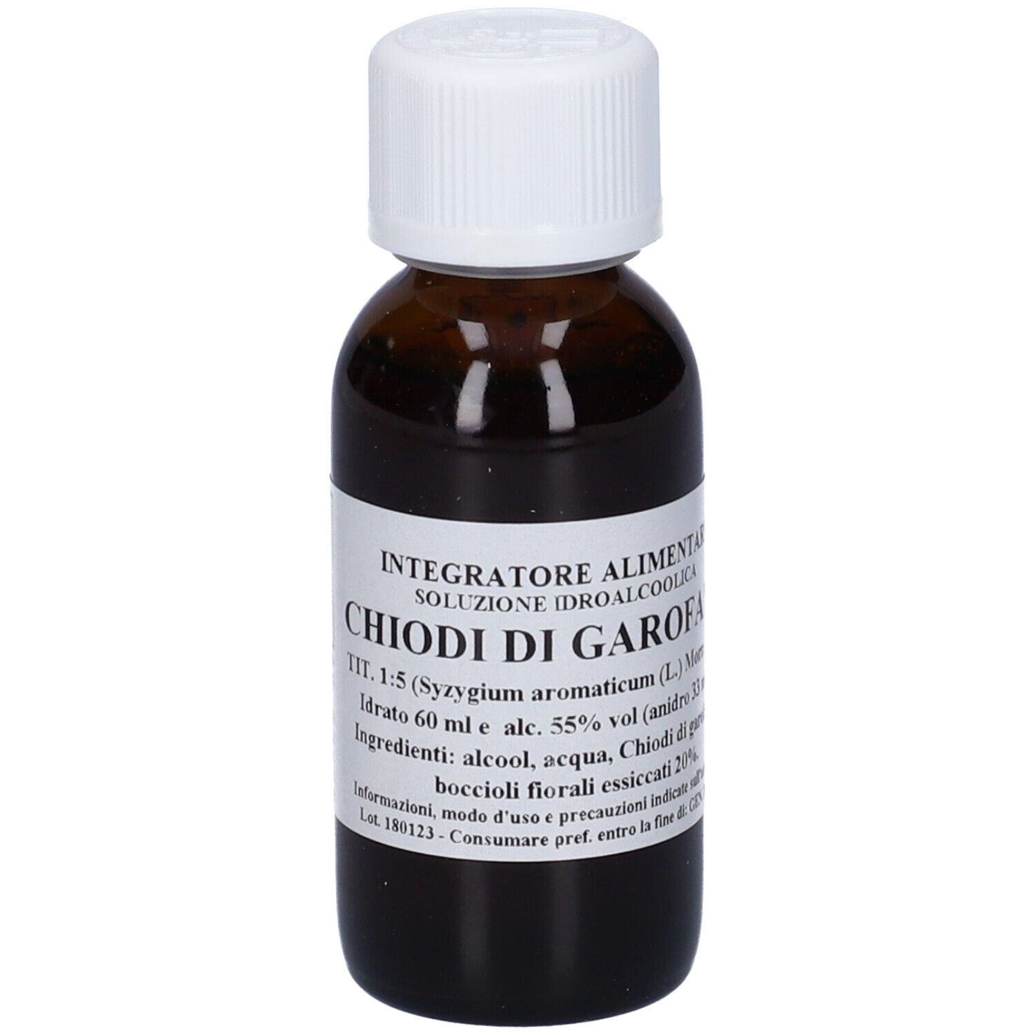 Flacone di vetro marrone con tappo bianco. Etichetta con testo: "Chiodi di Garofano".