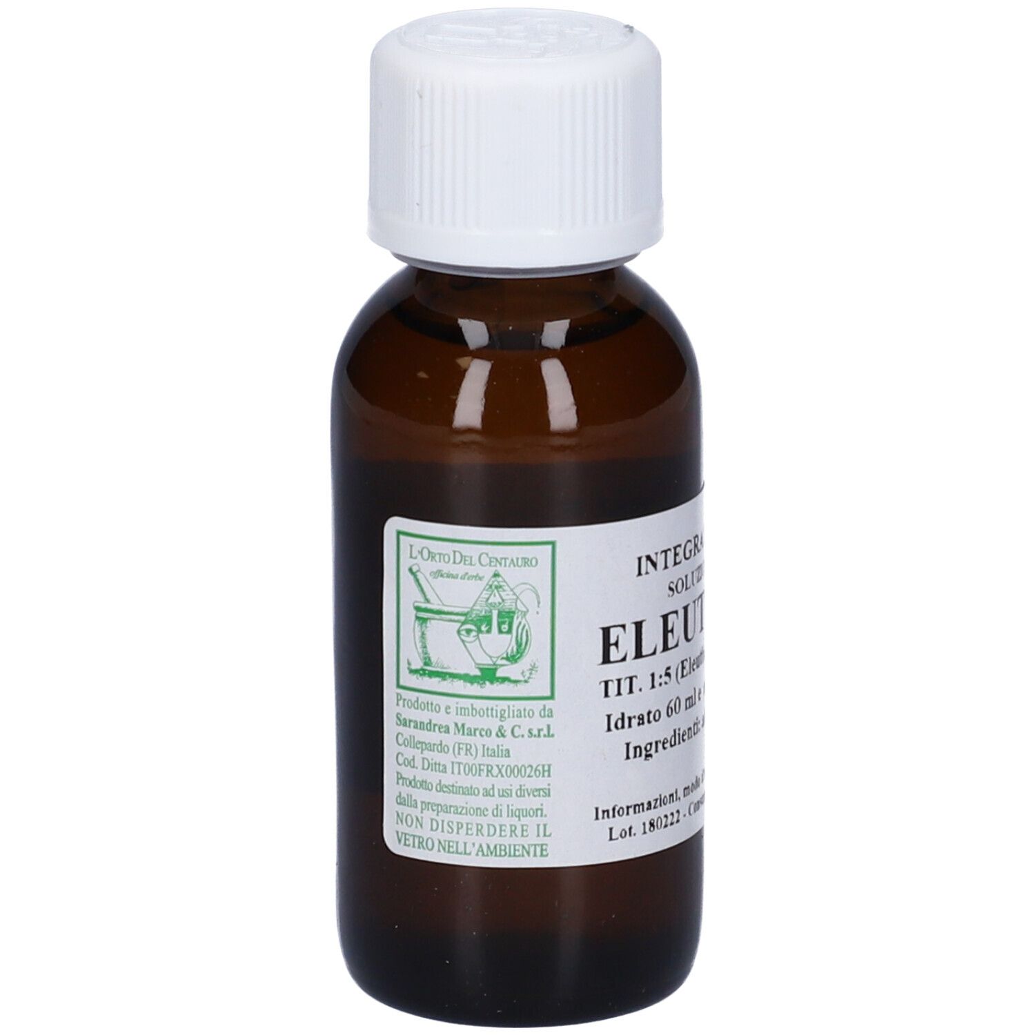 Flacone di vetro marrone con tappo bianco. Etichetta con testo. Nome prodotto: Eleutero. Volume: 60 ml. Logo del produttore.
