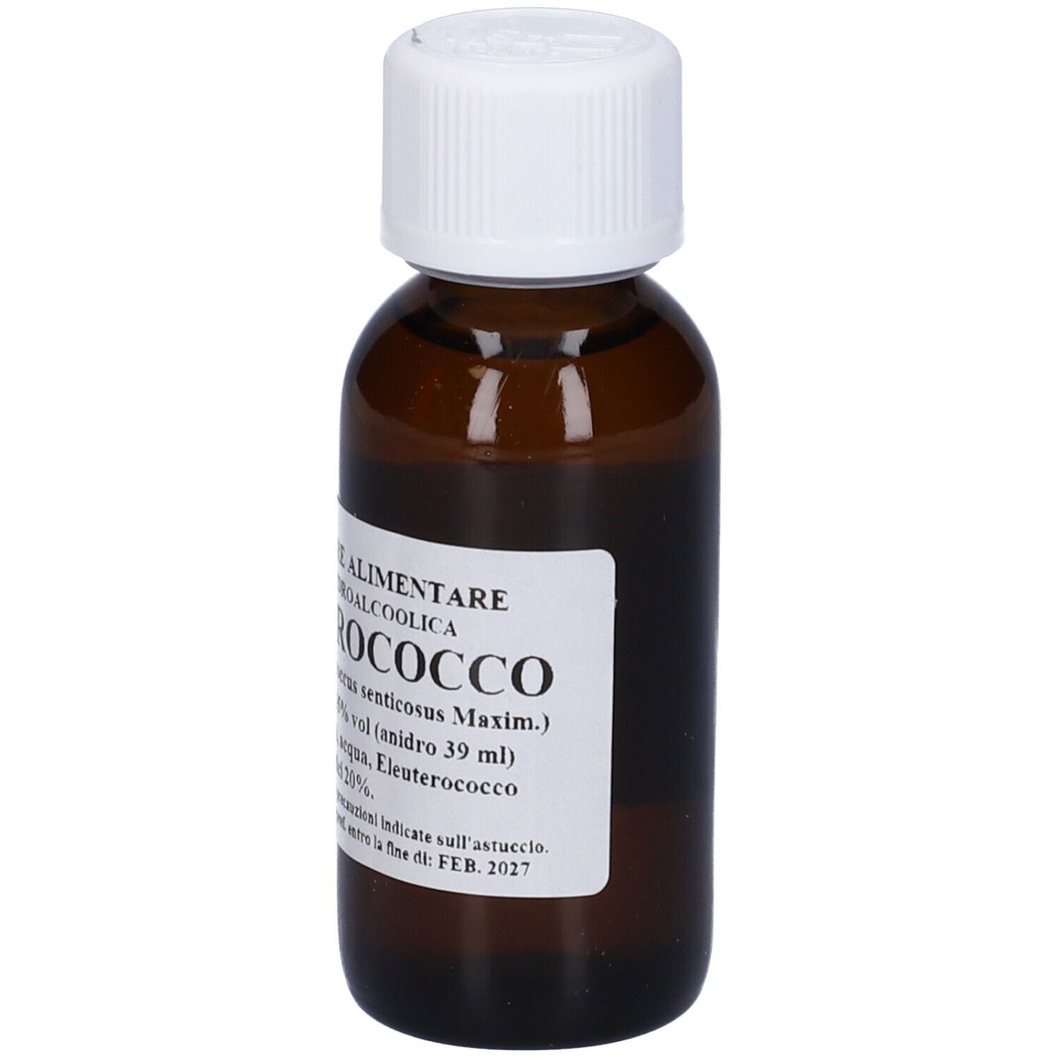 Flacone di vetro marrone con tappo bianco. Etichetta con testo. Nome prodotto: Eleuterococco. Volume: 39 ml.