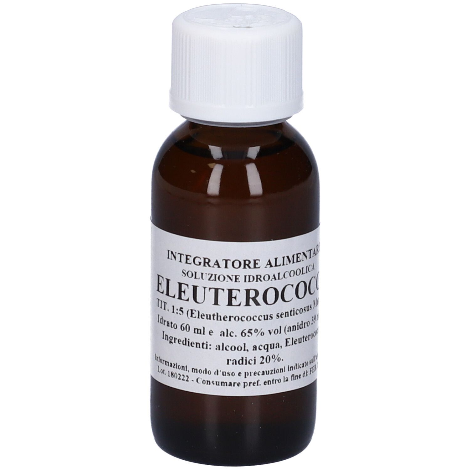 Flacone di vetro marrone con tappo bianco. Etichetta con testo. Nome prodotto: Eleuterococco. Volume: 60 ml.