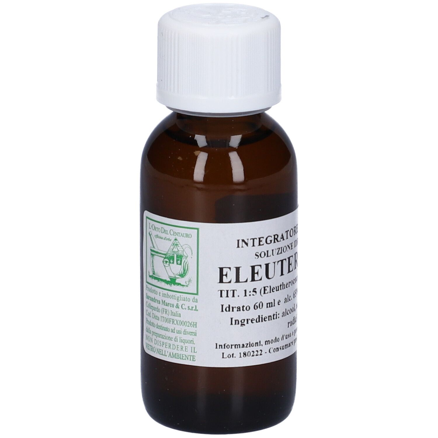 Flacone di vetro marrone con tappo bianco. Etichetta con testo. Logo del produttore. Nome prodotto: Eleuterococco. Volume: 60 ml.