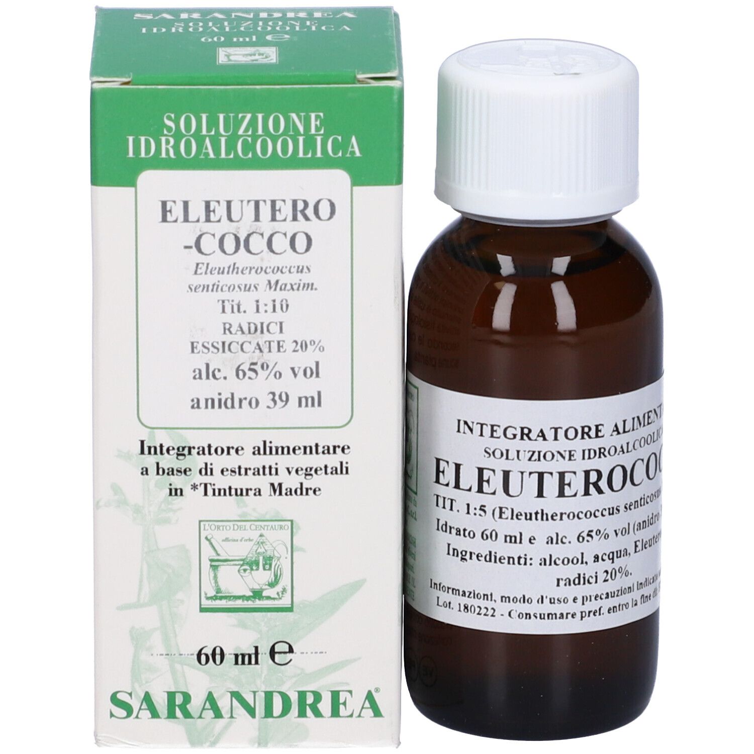 Flacone di vetro marrone con tappo bianco e scatola verde. Nome prodotto: Eleutero-cocco. Volume: 60 ml.