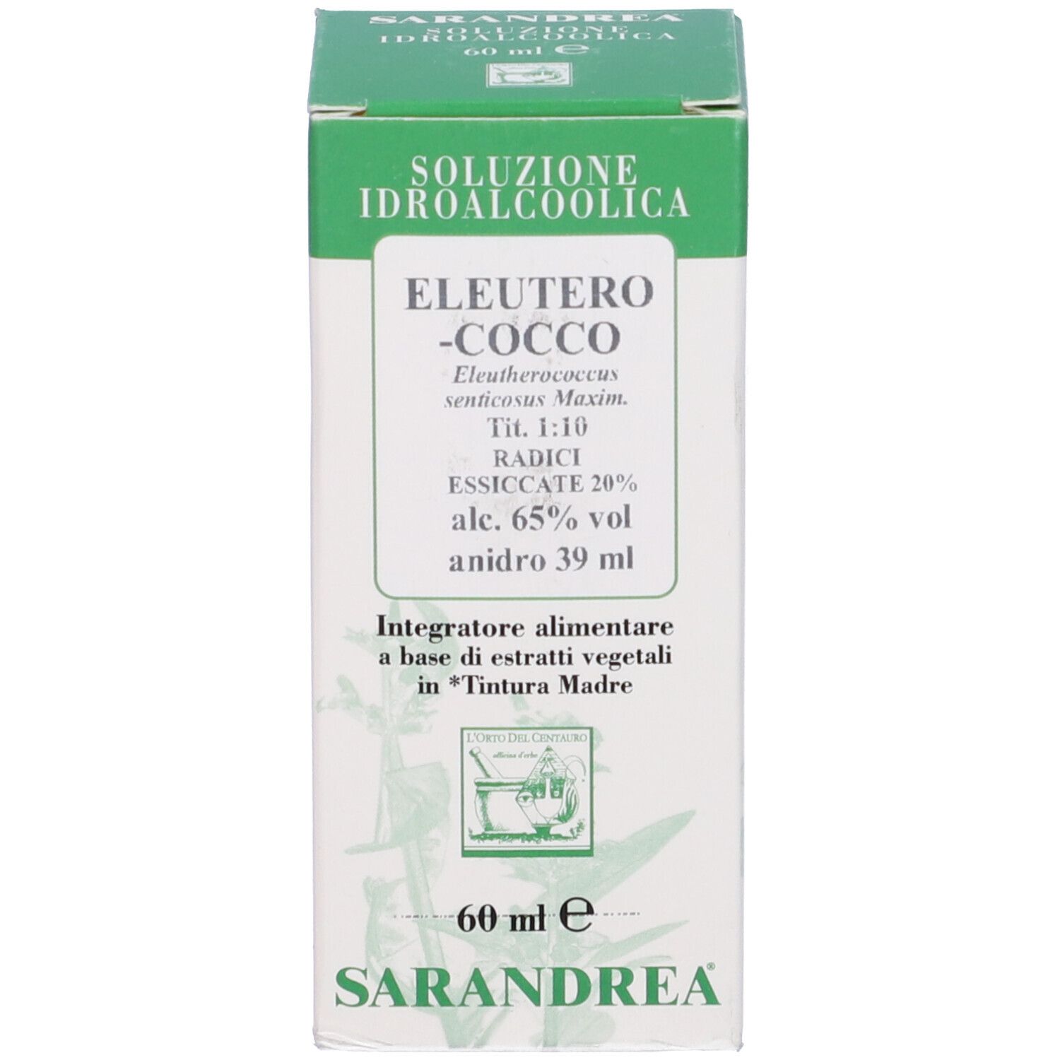 Scatola verde con testo. Nome prodotto: Eleutero-cocco. Volume: 60 ml. Logo del produttore.