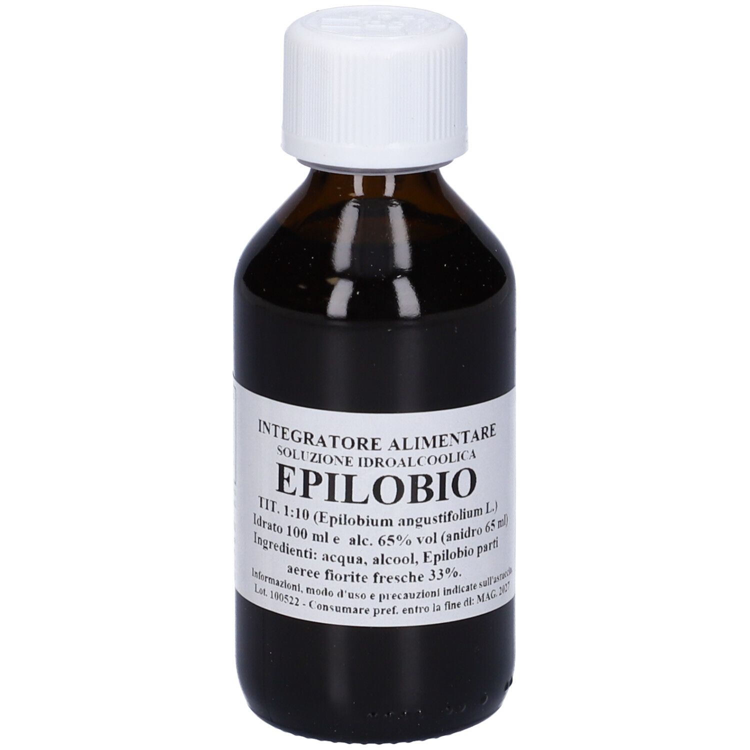 Flacone di vetro marrone, tappo bianco. Etichetta: Integratore Alimentare, Epilobio, soluzione idroalcolica.