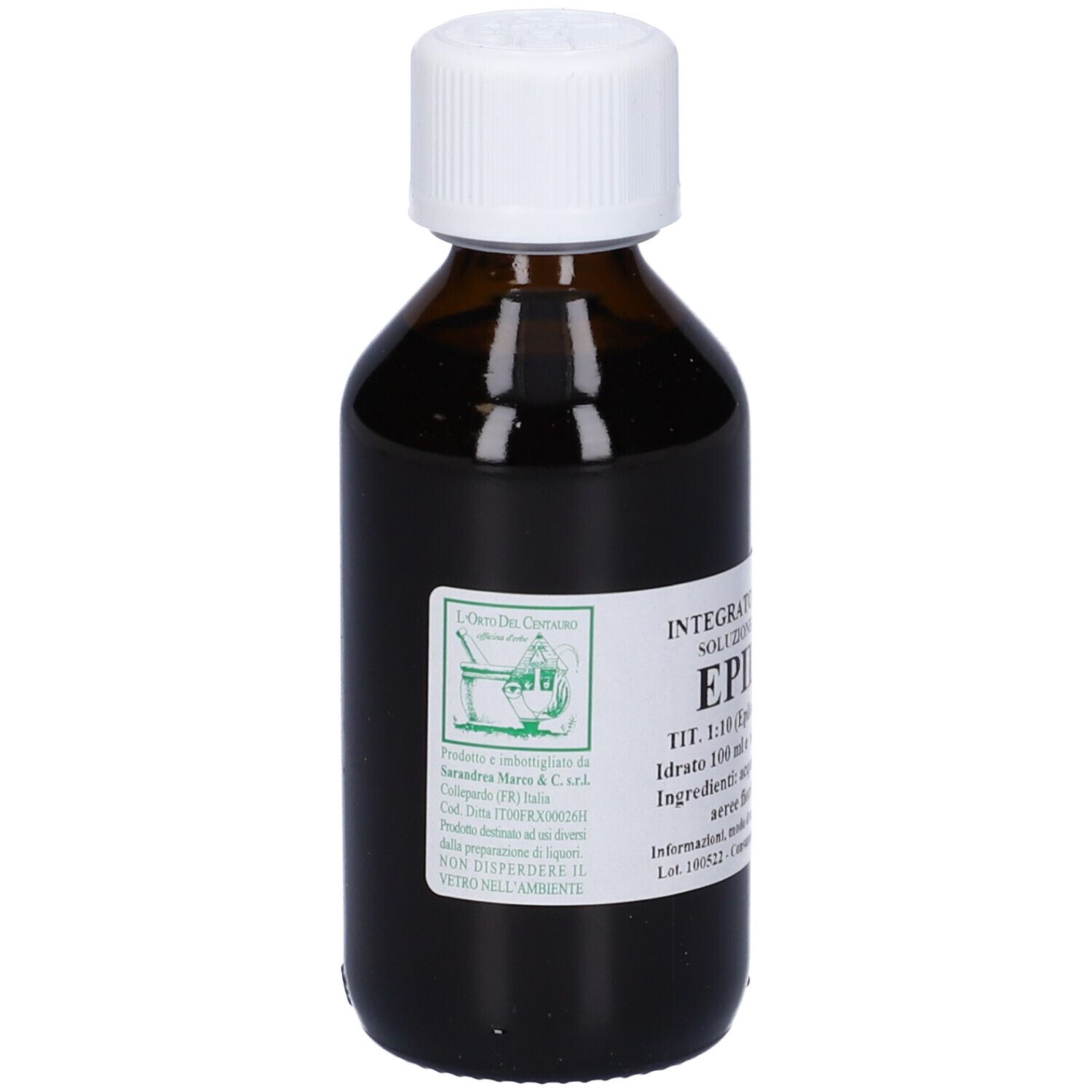 Flacone di vetro marrone, tappo bianco. Etichetta: Integratore Alimentare, Epilobio, soluzione idroalcolica.