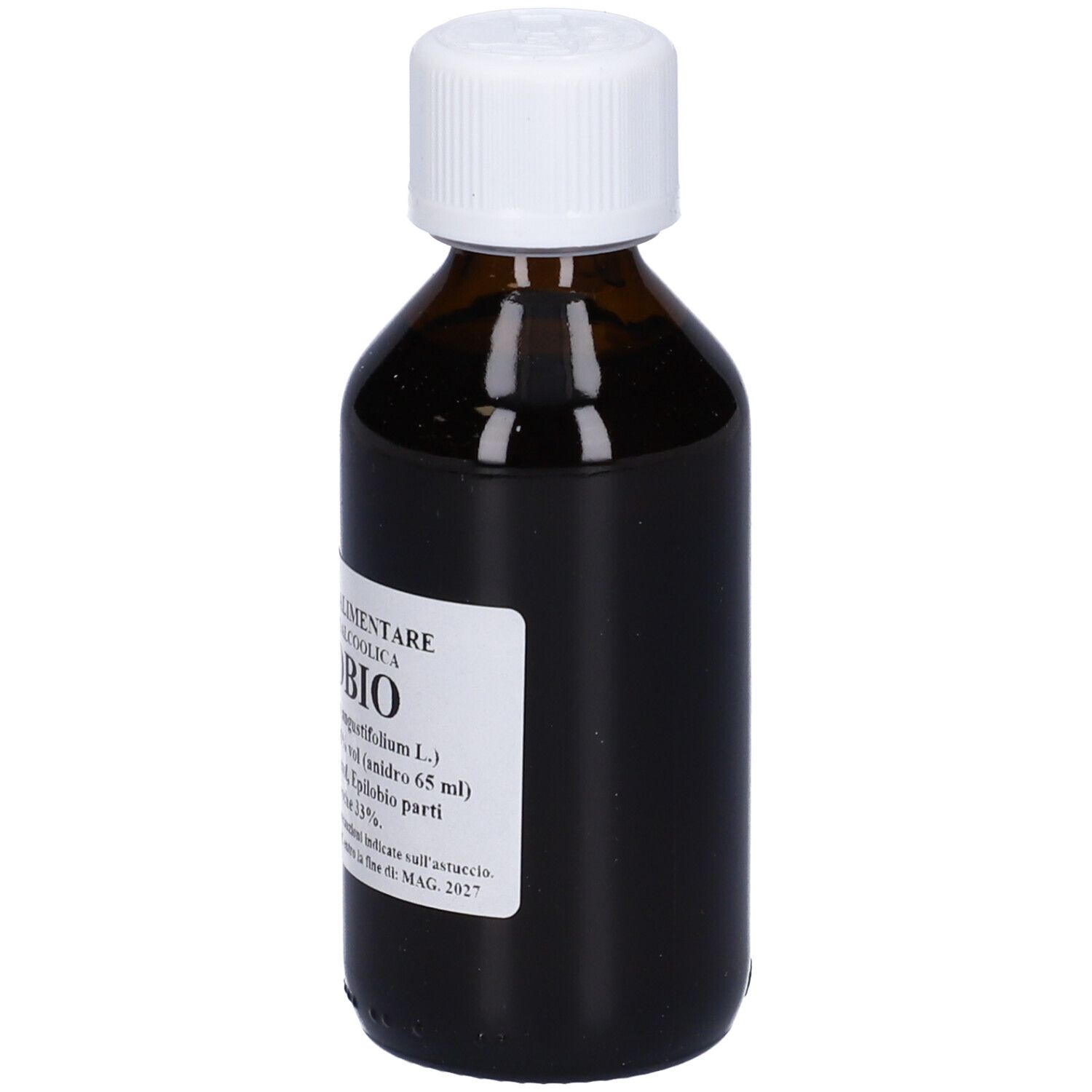 Flacone di vetro marrone, tappo bianco. Etichetta: Integratore Alimentare, Epilobio, soluzione idroalcolica.