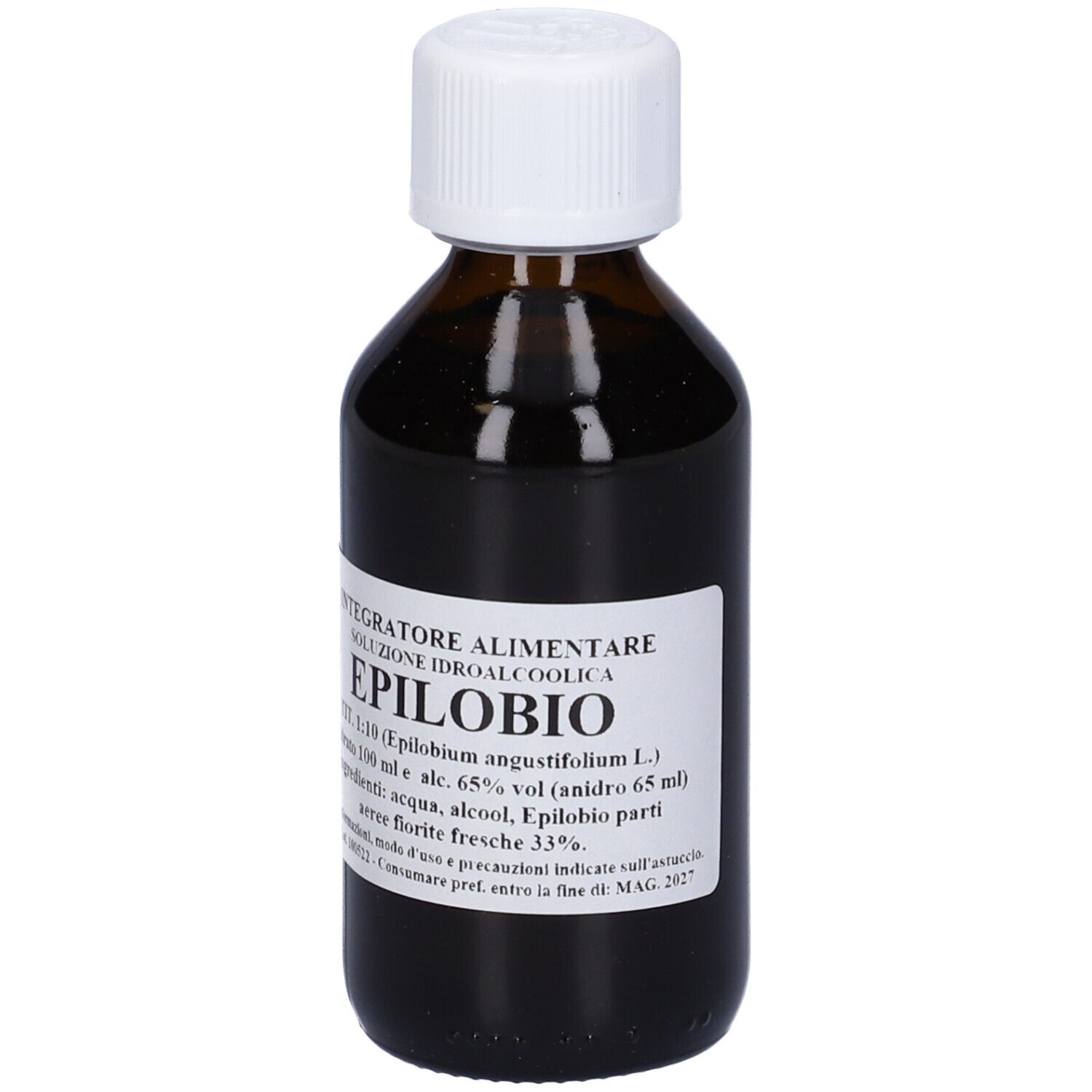 Flacone di vetro marrone, tappo bianco. Etichetta: Integratore Alimentare, Epilobio, soluzione idroalcolica.