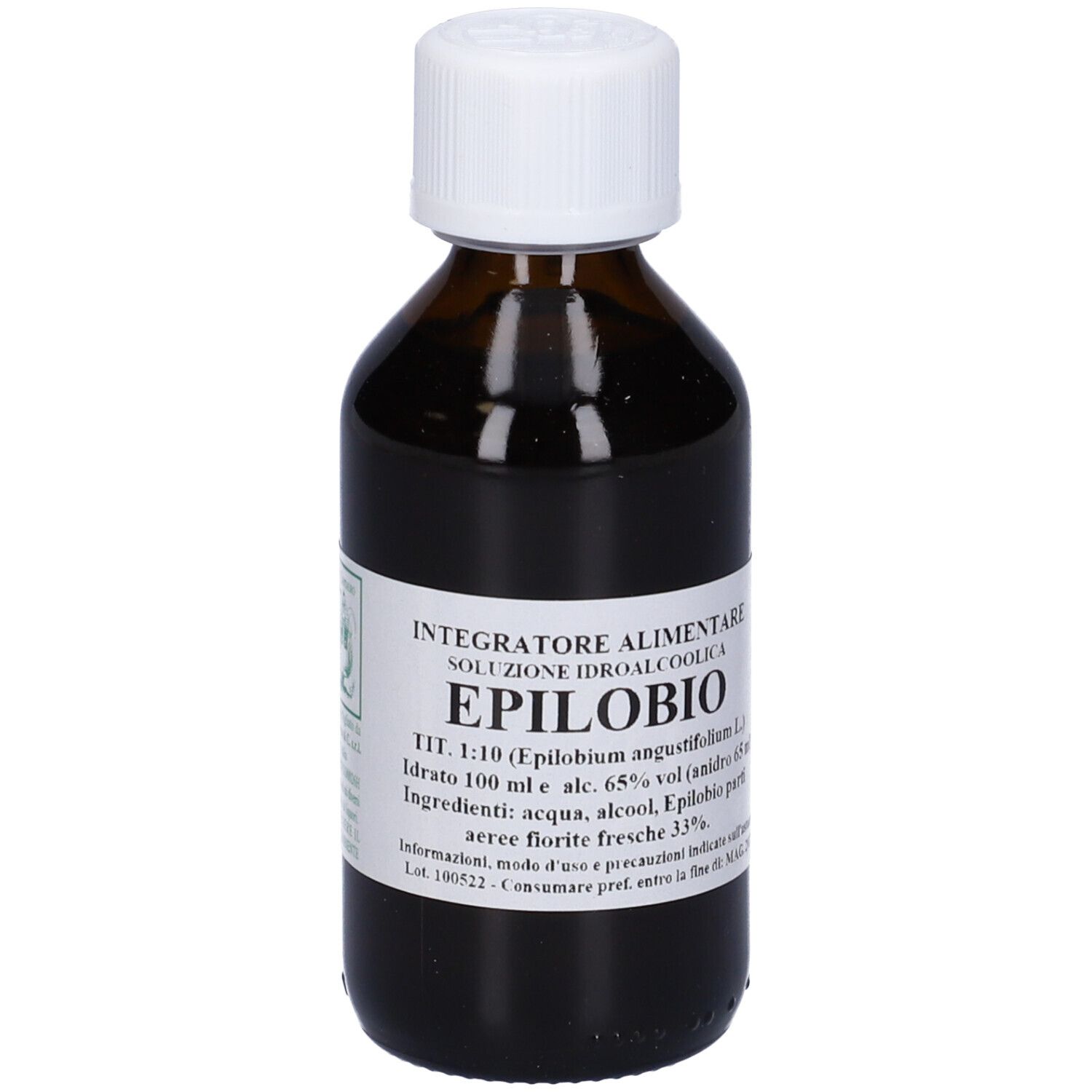 Flacone di vetro marrone, tappo bianco. Etichetta: Integratore Alimentare, Epilobio, soluzione idroalcolica.