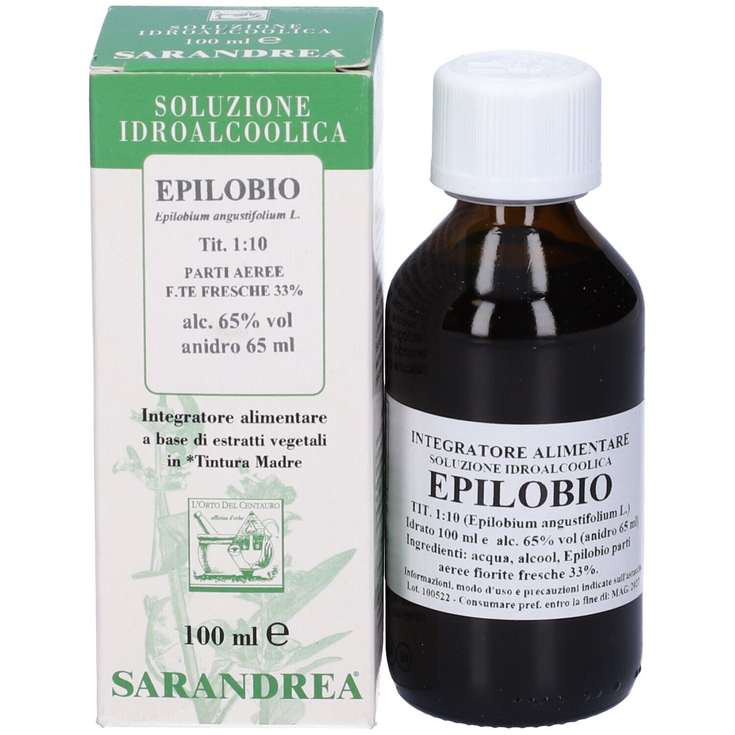 Flacone marrone, tappo bianco e scatola. Testo: Epilobio, soluzione idroalcolica, Sarandrea.